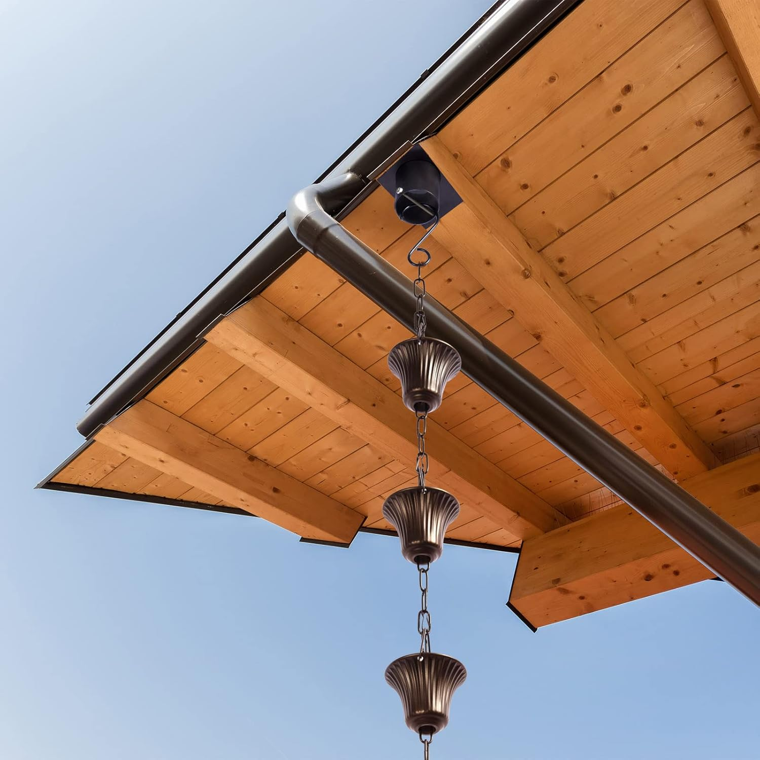 Rain Chain Set 8.5 Ft,Not Rust Wrought Iron Rain Chains for Gutters with Adapter Gotta Drain and Anchoring Stake, 14 Cups, 1 Hook, Adjustable Length for Garden Decorative (Coffee) image number 2