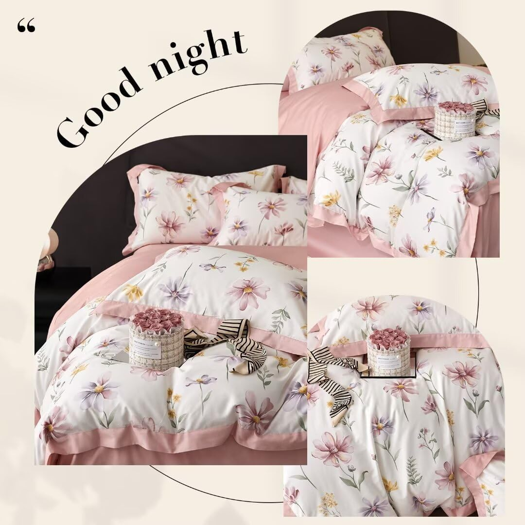 MKXI Garden Floral Duvet Cover Pink Princess Bedding White Aesthetic Duvet Cover Rustic Flowers Print Full Size Charming Floral Comforter Cover Pink and White 100% Cotton image number 6