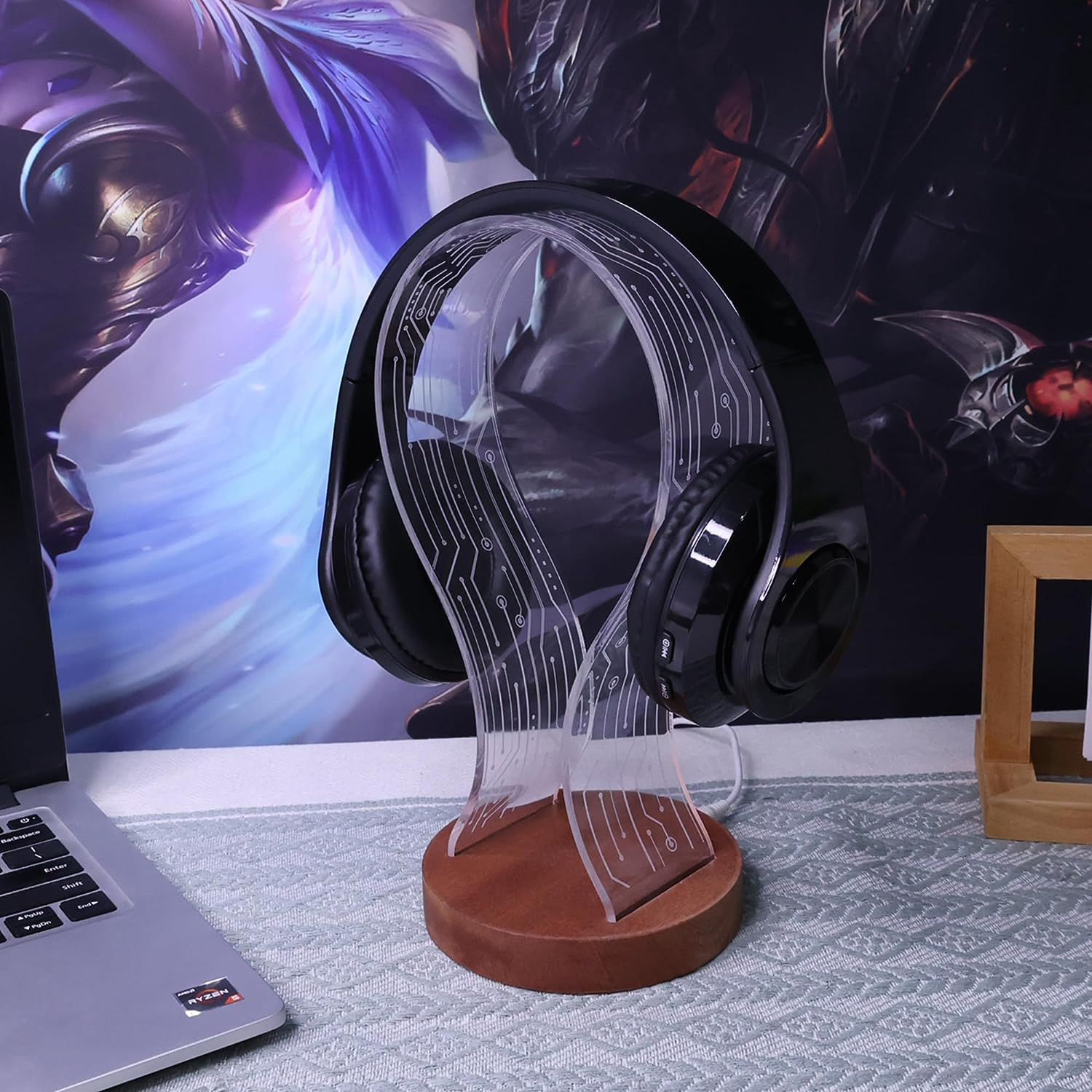 Yuandian Headphone Stand, Wood Headset Holder with Blue Pink LED Night Light for Gamers, Men, and Music Lovers - Desk Gift Idea