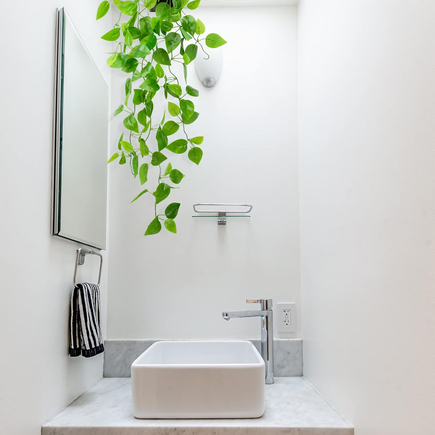 LOYWREE Small Fake Hanging Plant Artificial Potted Plants for Indoor Outdoor Aesthetic - 39In Realistic Faux Hanging Pothos with Ivy Vine for Shelf Decor in Home Office Gardens Greenery (Black Pot) image number 2