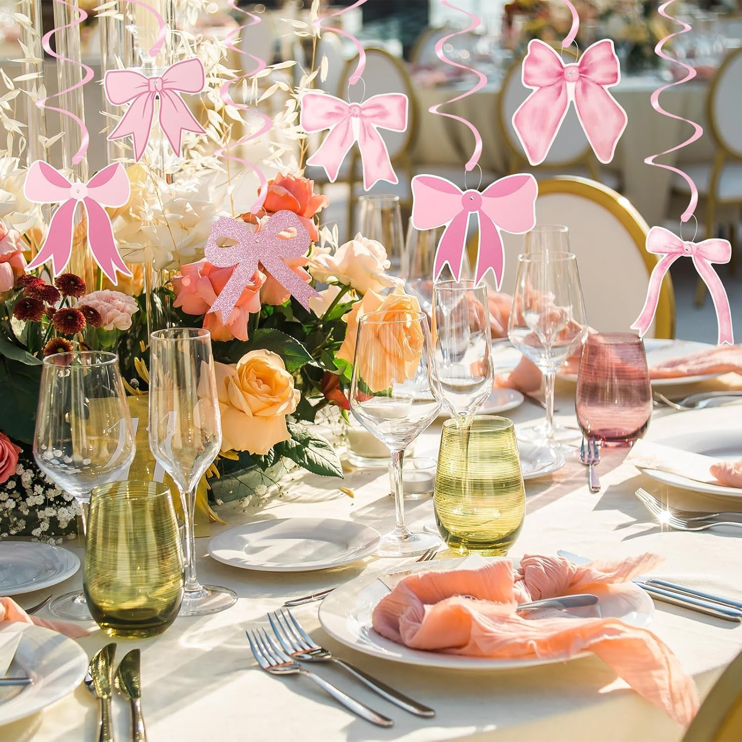 Pink Bow Party Decorations Garland Banner Hanging Swirls Set, 14 Piece Pink Bow Birthday Banner Party Hanging Swirls Set image number 6