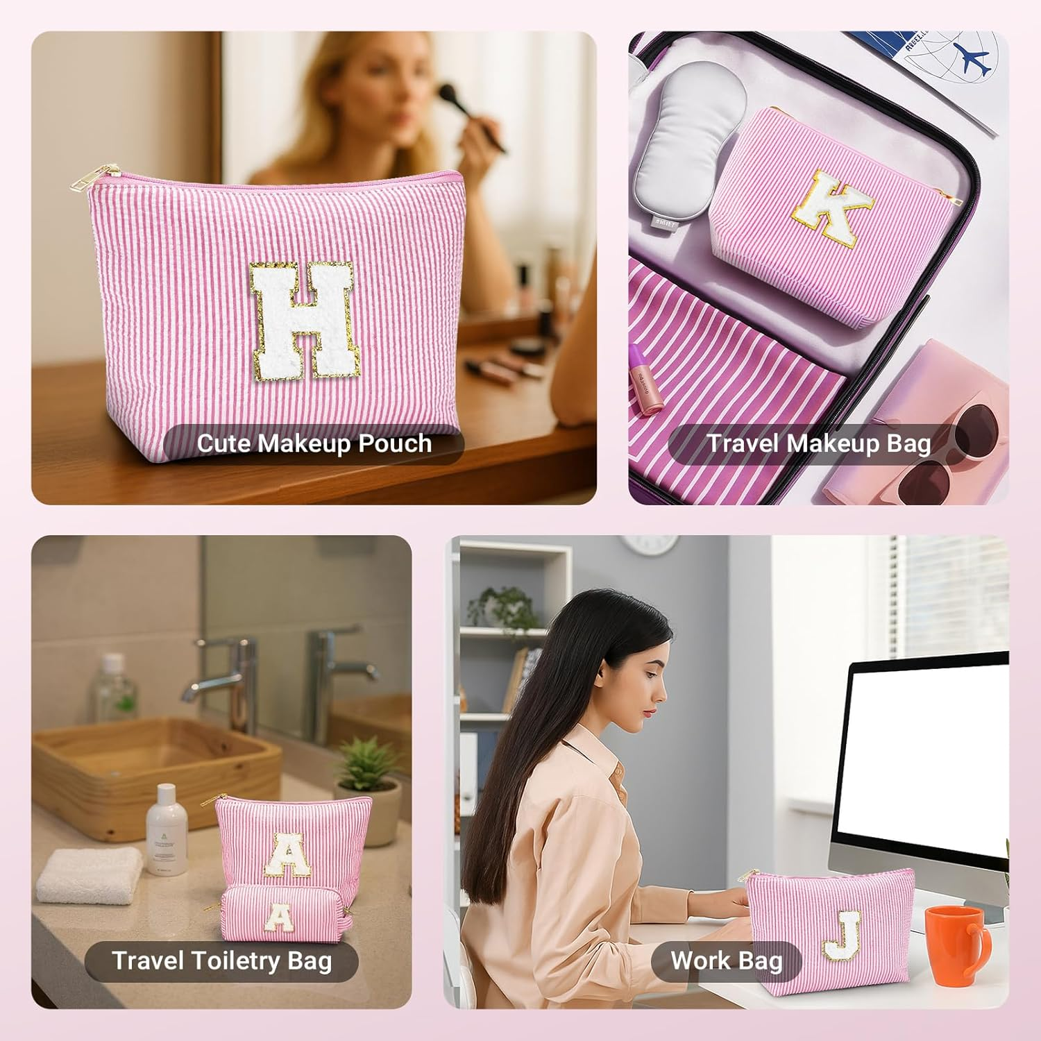 LIAN Makeup Bag Set Initial Cosmetic Bags Travel Toiletry Bags for Women Teen Girls Friend Birthday Gifts Personalized Gifts(Pink-M) image number 1