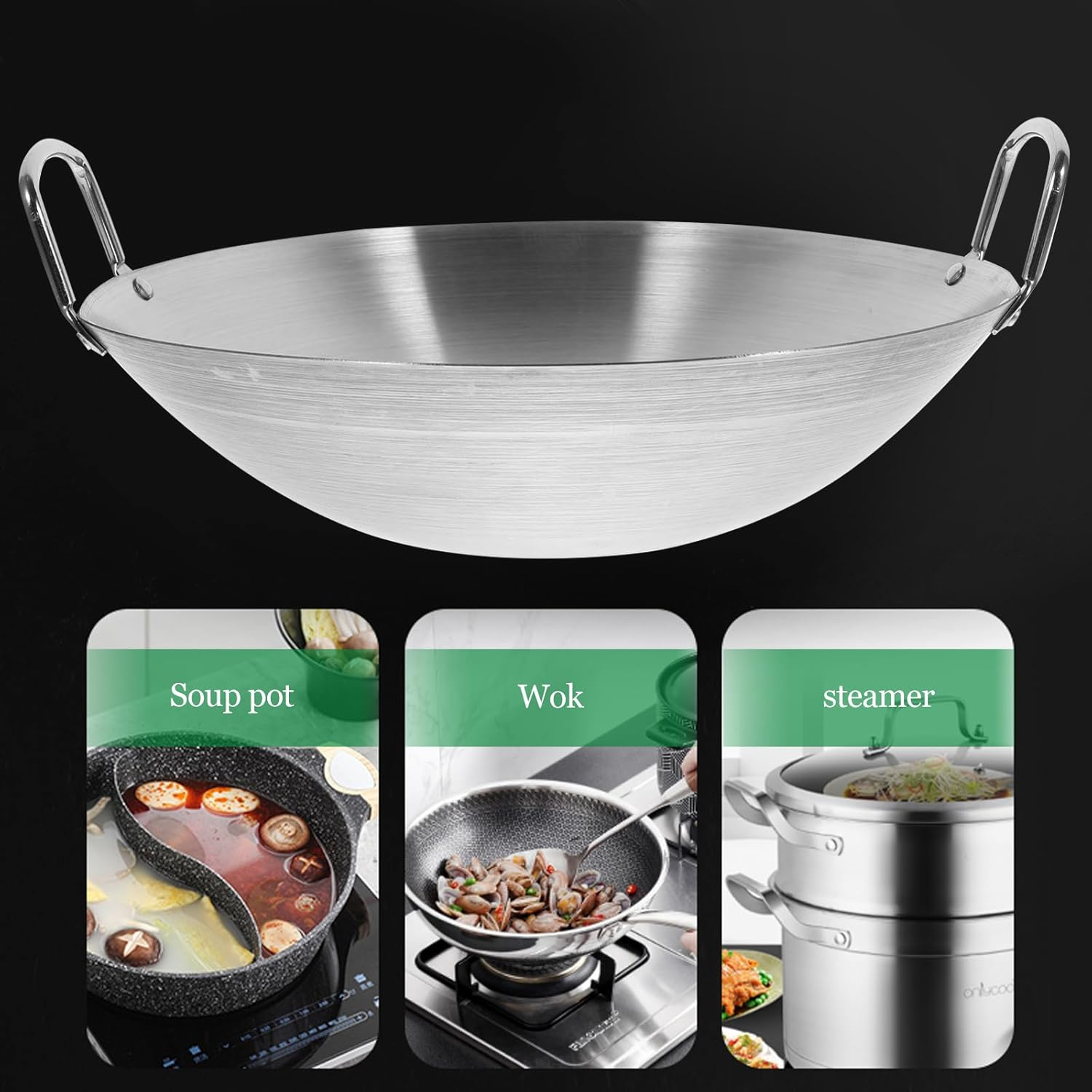 Operitacx Stainless Steel Wok 12 Inch round Bottom Frying Pan Large Capacity Saute Pan for Gas Stove Kitchen Cooking Stainless Wok image number 1