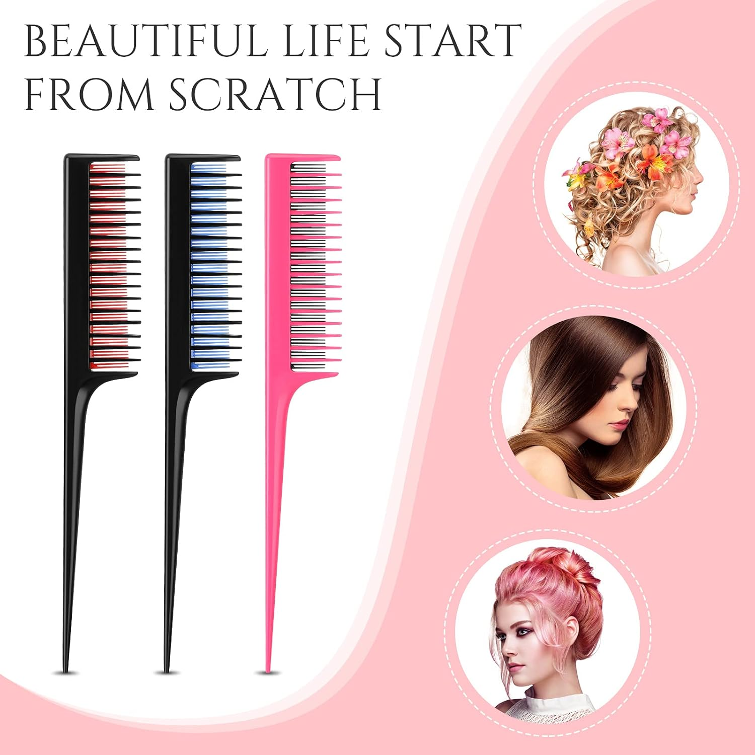 Leinuosen 3 Pcs Triple Teasing Comb for Women Plastic Rat Tail Comb Heat Resistant Pintail Tease Layer Tool for Thick Fine Hair Styling Backcombing Volume Structure(Black and Red Blue Pink) image number 1