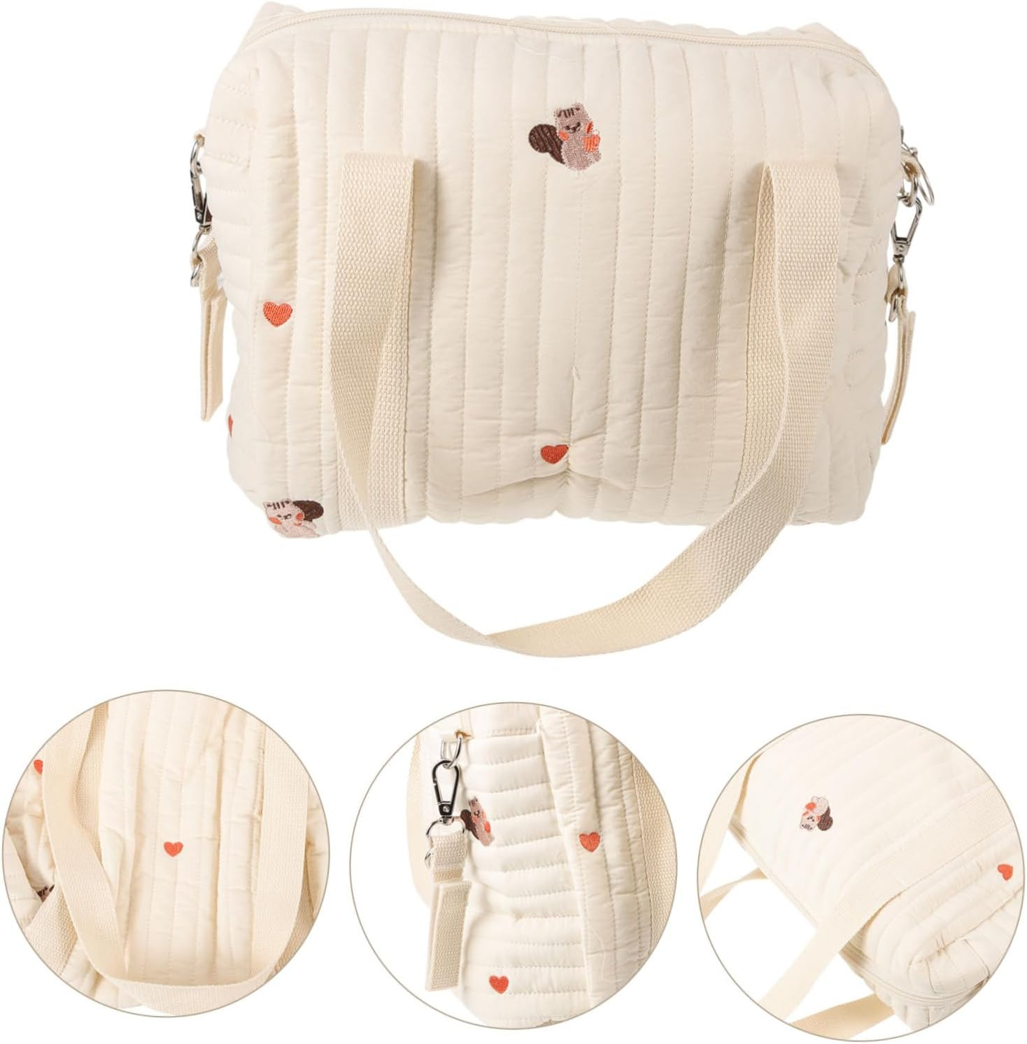 Embroidered Cotton Diaper Bag Stroller Diaper Tote for Moms Medium Size Squirrel Design Baby Storage Bag Travel Compact Double Strap image number 4