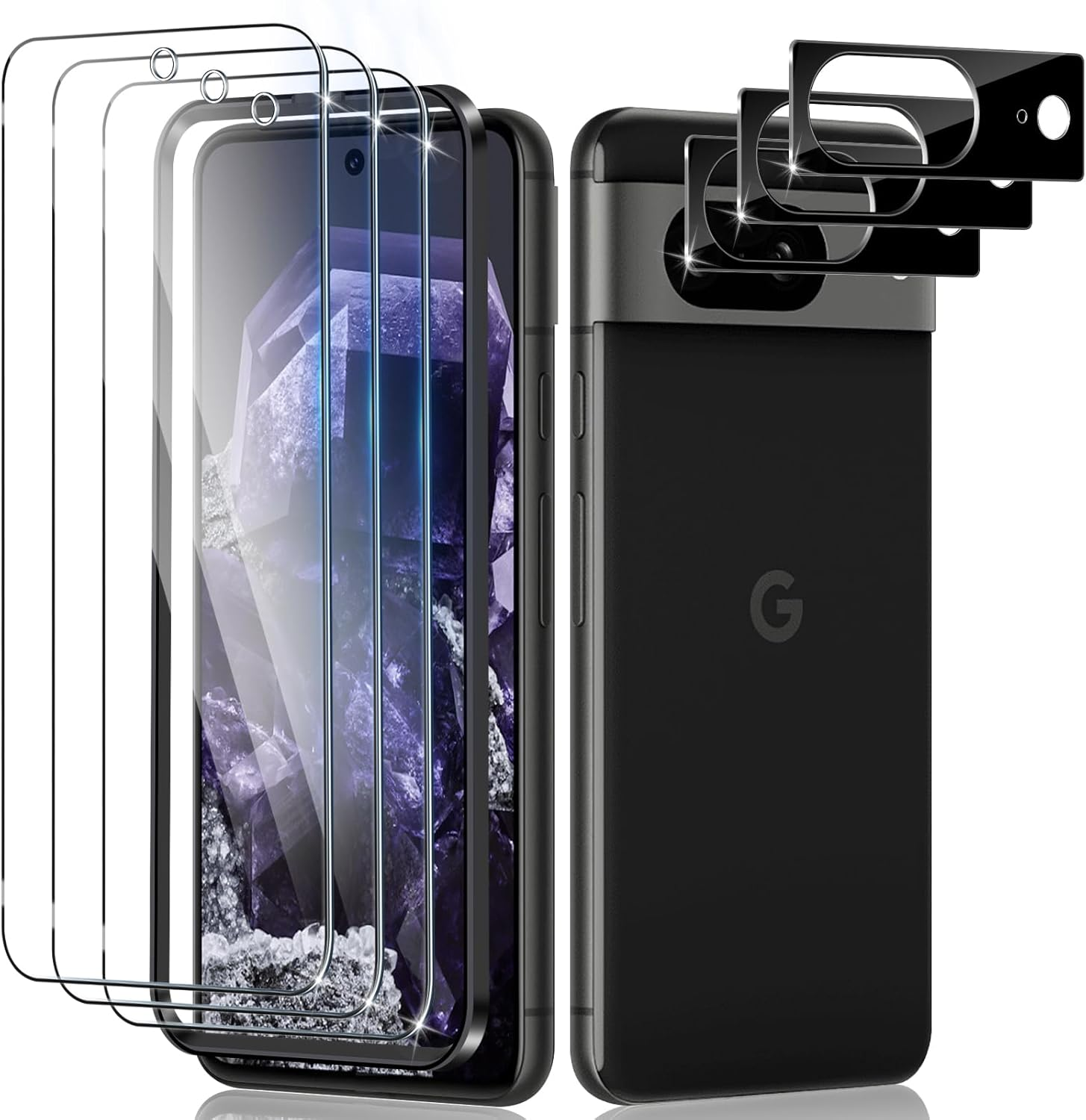 Screen Protector for Google Pixel 8 for Tempered Glass, Pack of 3 Tempered Glass Protective Film with 3 Pieces Camera Protection, 9H Screen Protection, Ultra Clear Protective Glass