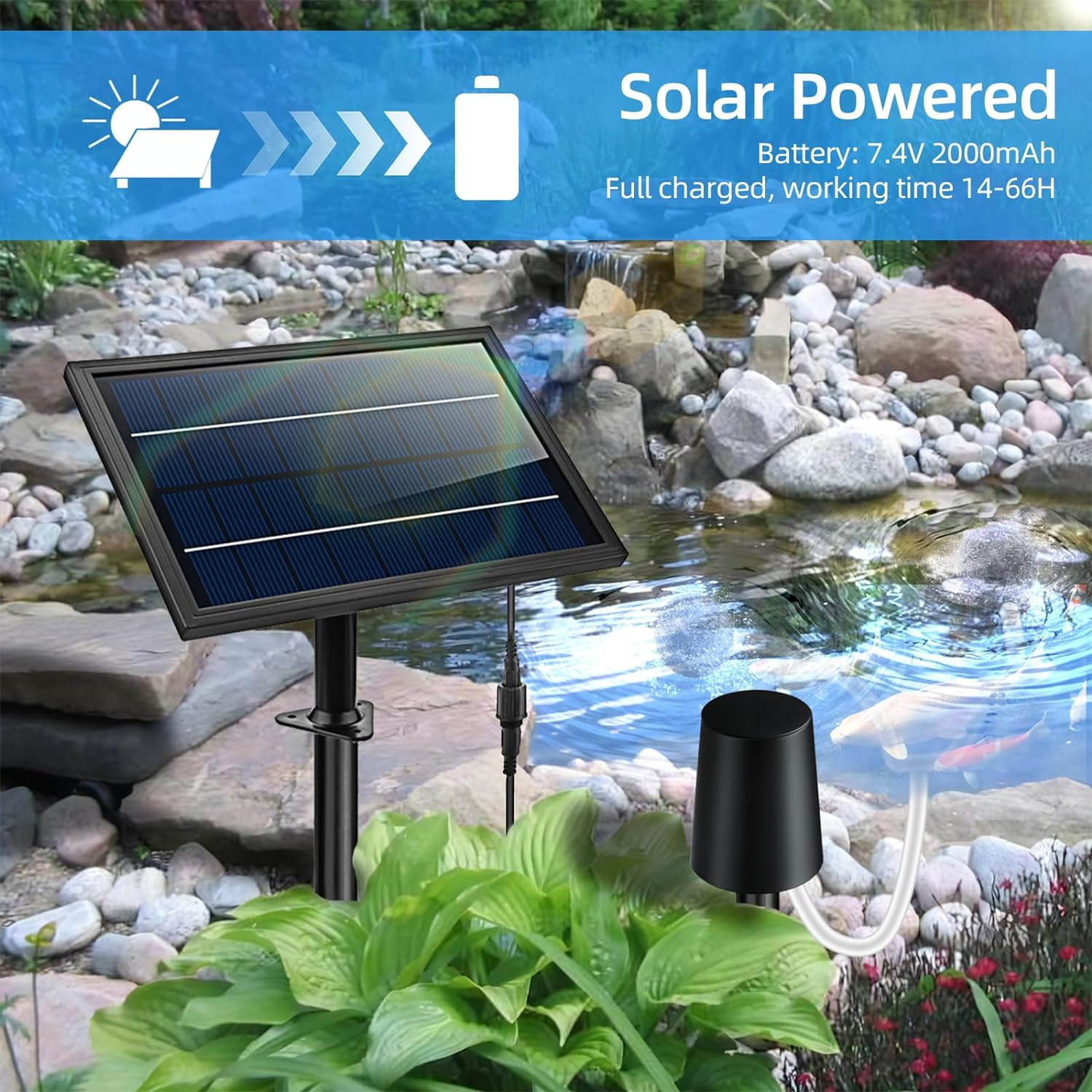 Solar Powered Air Pump Kit 10V 8W Solar Panel Air Pump with Pipe Air Stones 3 Working Modes Waterproof Solar Pond Aerator Oxygenator for Garden Fish Tank Pool Fishing Pond image number 1
