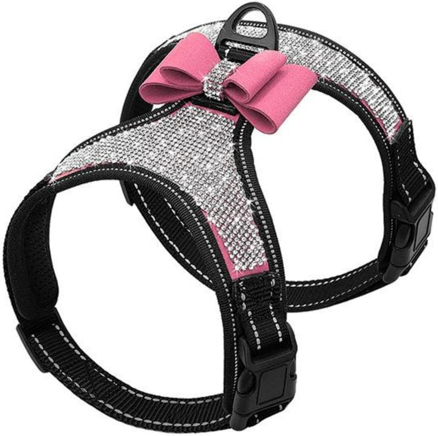 Beirui Rhinestone Dog Harness - No Pull Reflective Bling Nylon Dog Vest with Sparkly Bow Tie for Small Medium Large Dogs Walking Party Wedding,Black,S