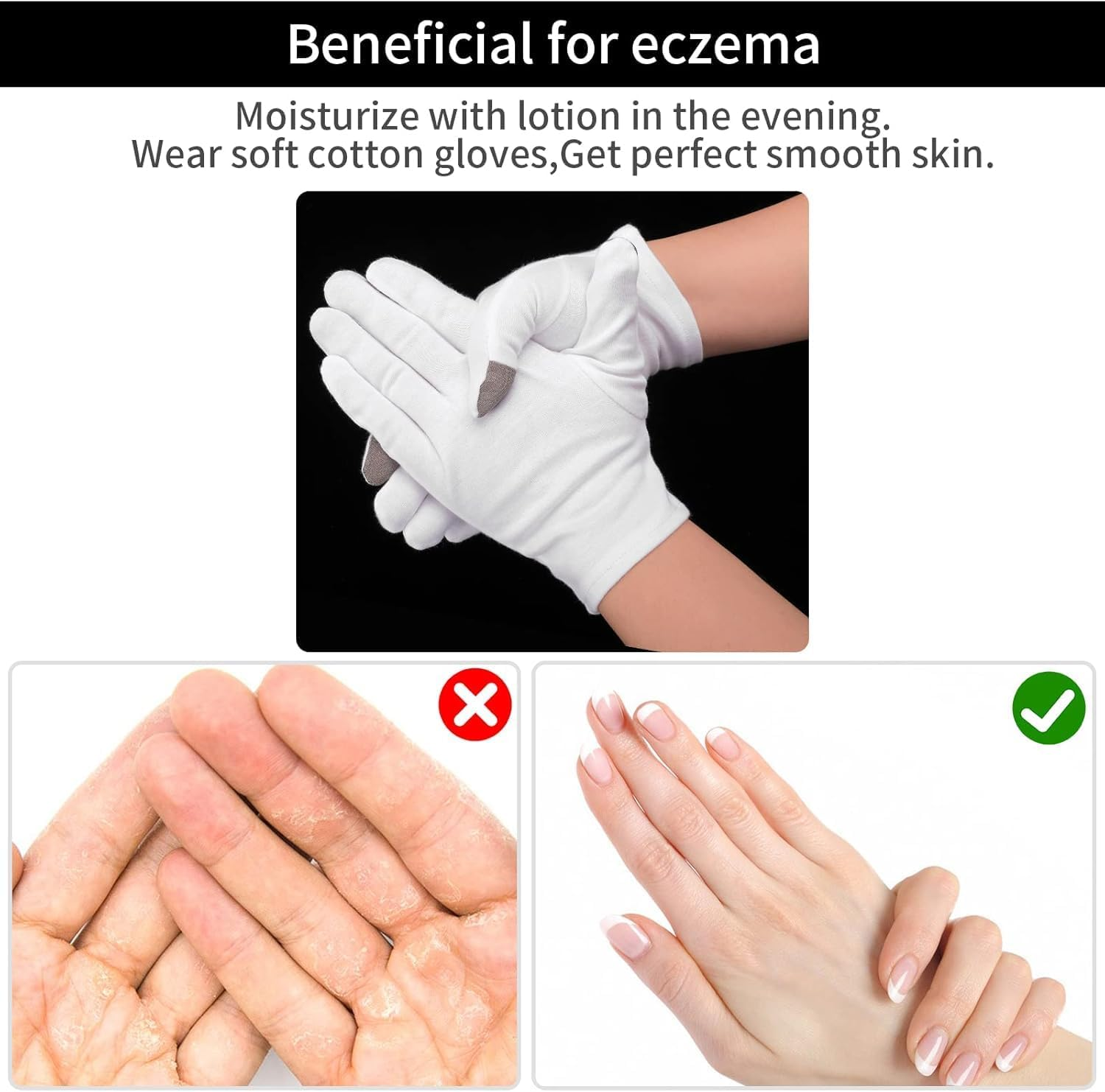 2 Pairs Touch Screen Moisturizing Gloves White Cotton Moisturizing Gloves Overnight Bedtime Heal Eczema Sleeping Lotion Hand Spa Treatment Gloves Repair Rough Cracked Dry Chapped Hands Skin (Style 1, One Size)