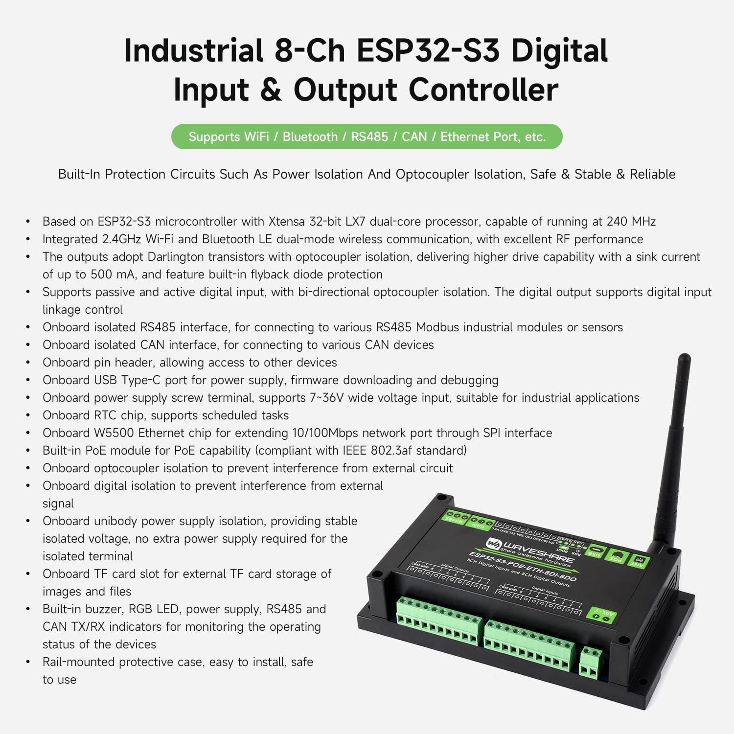 Waveshare Industrial ESP32-S3 Control Board with 8-Channel Digital Input & Output, Built-In Xtensa 32-Bit LX7 Dual-Core Processor, up to 240Mhz, with Multiple Isolation Protection Circuits