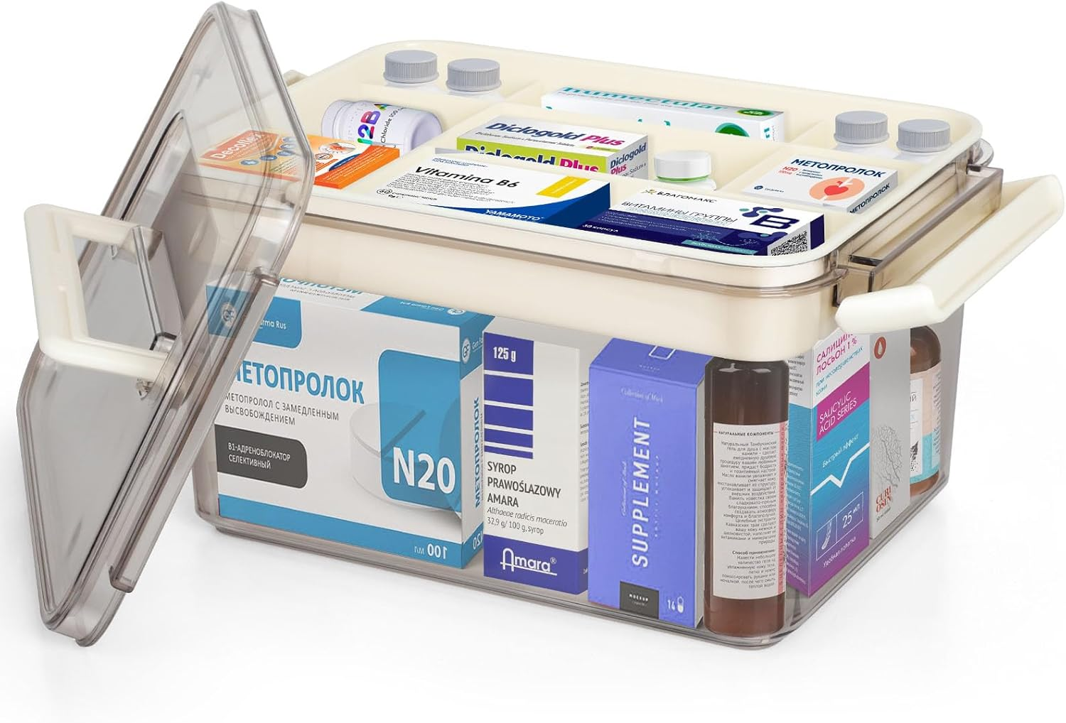 Kakeyrun Medicine Storage Box, 1-Pack Pill Bottle Organizer with Handles & Multi-Layer, Family First Aid Box Medicine Box Organizer (Small) image number 2