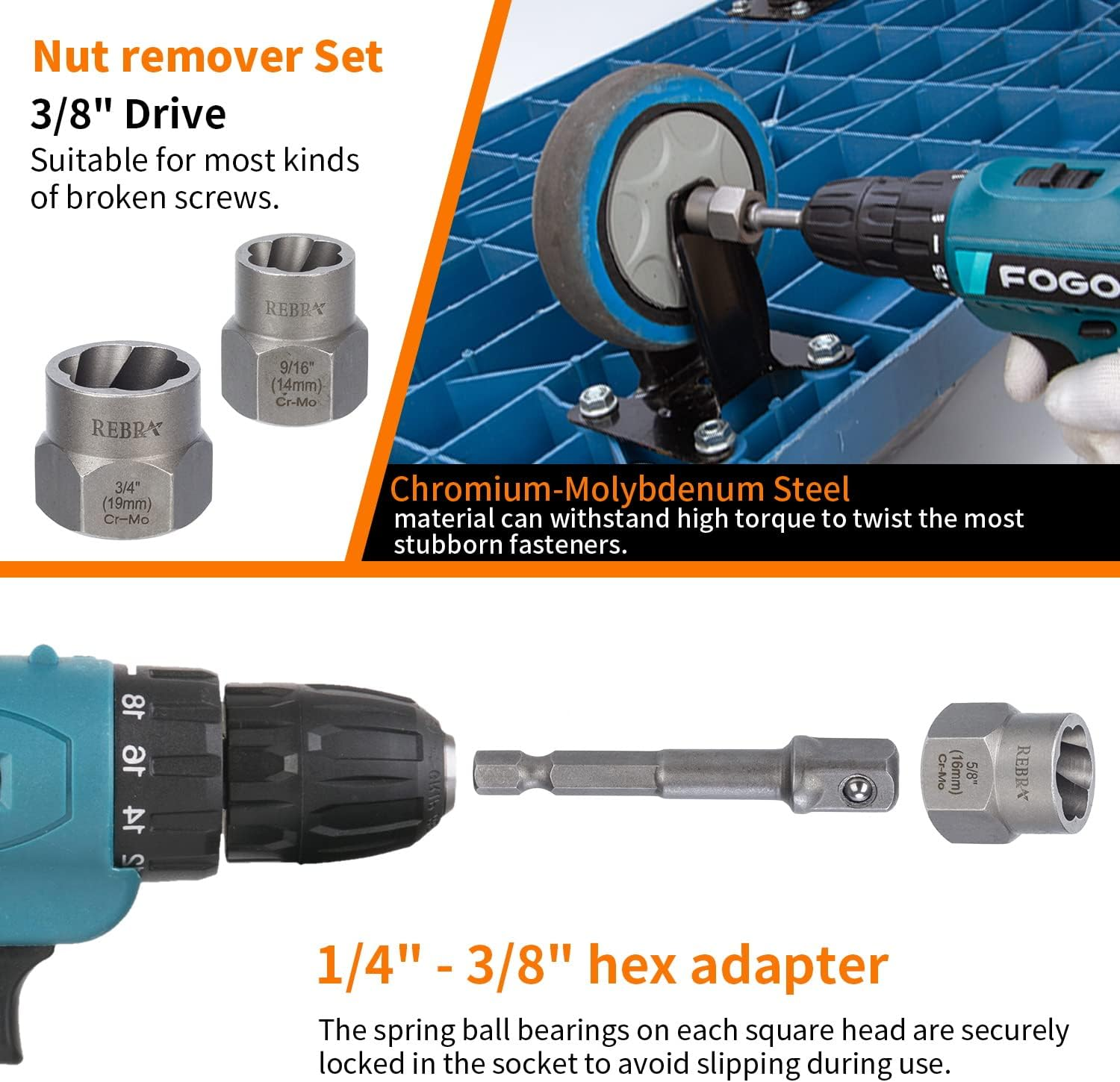 REBRA Screw&Bolt Extractor Set and Left-Hand Drill Bit Set, with Hex Adapter, Easy Out Stripped Screw Remover Socket Set Tool for Stripped, Damaged, Rounded-Off, Rusted Bolts, Nuts&Screws 26-Pieces image number 5