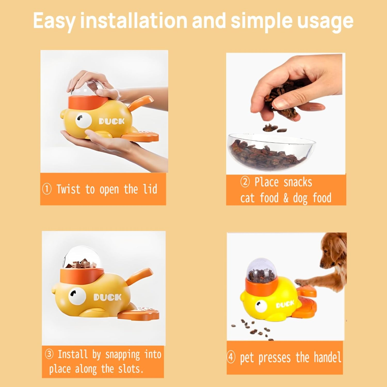 ZOUHUALU Duck-Shaped 2-In-1 Interactive Treat Dispenser &ndash; Automatic Slow Feeder Bowl & Puzzle Feeder for Dogs and Cats &ndash; Fun Food Dispenser and Enrichment Toy （Yellow）