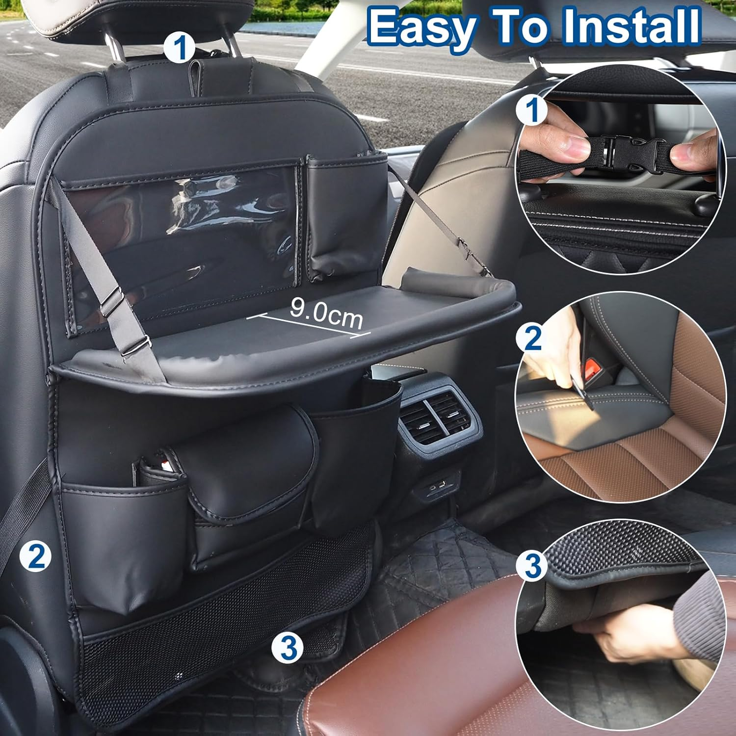 Nappa Leather Car Seat Organizer Kids Travel Tray [1 Pack], Foldable Car Backseat Tablet Holder Storage Bag, Universal Auto Organizer for Car SUV, Multifunction Seat Back Kick Mat Protector image number 1