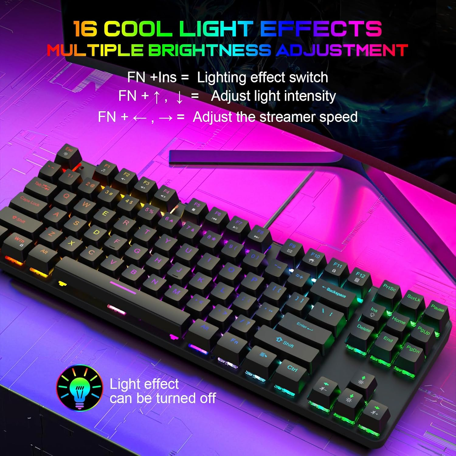 Gaming Mechanical Keyboard, Ergonomic Design, 87 Keys, RGB Backlight, 1.5M Cable,Usb-A Connector Cable, Rich Shortcut Keys image number 3