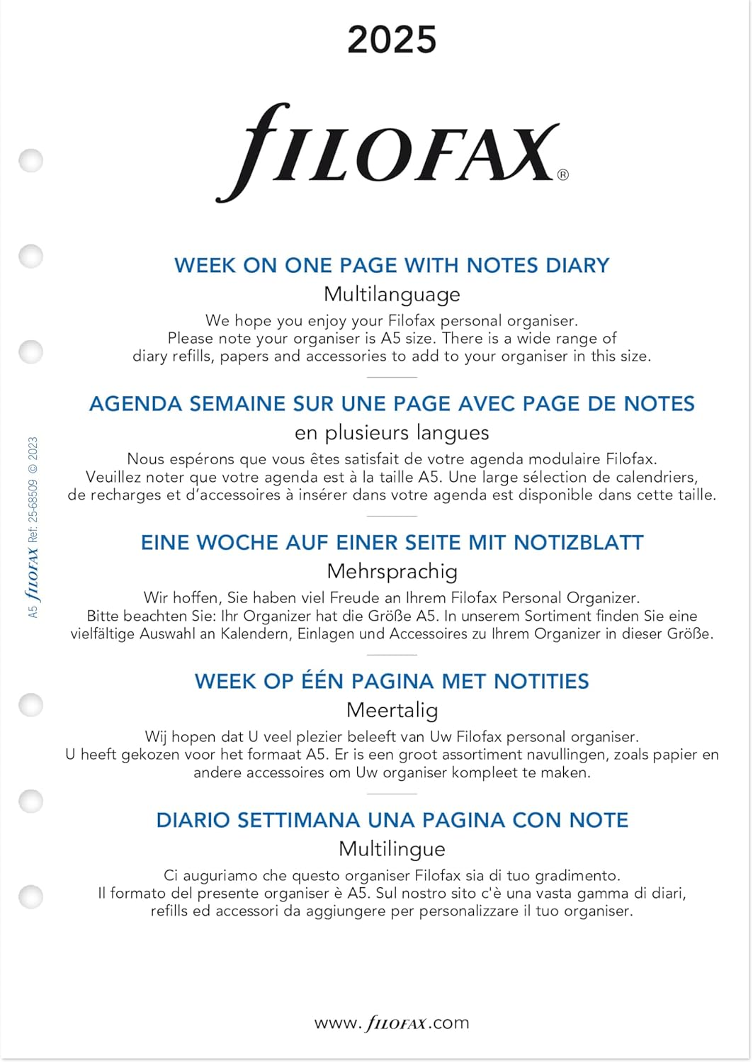 Filofax Calendar Diary Refill, A5 Size, Week on One Page with Notes, White Paper, Multilingual: Five Languages, 2025 (C68509-25) image number 6