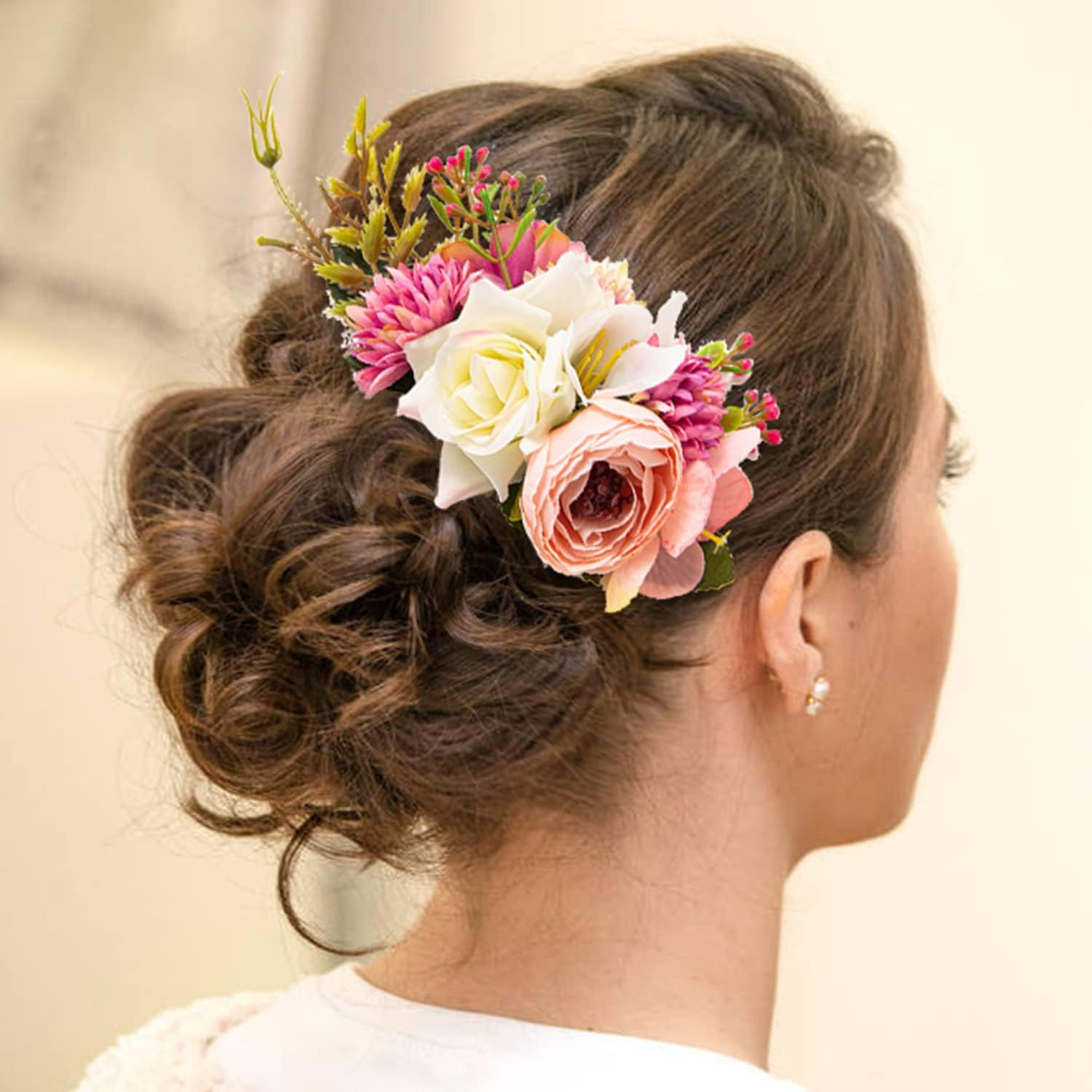 Cinaci 4 Pack Artificial Flower Metal Hair Side Combs Slides Clips Floral Wedding Bridal Headpieces Hairpins Barrettes Bun Chignon Hair Accessories for Women Flower Girls Brides Bridesmaids image number 5