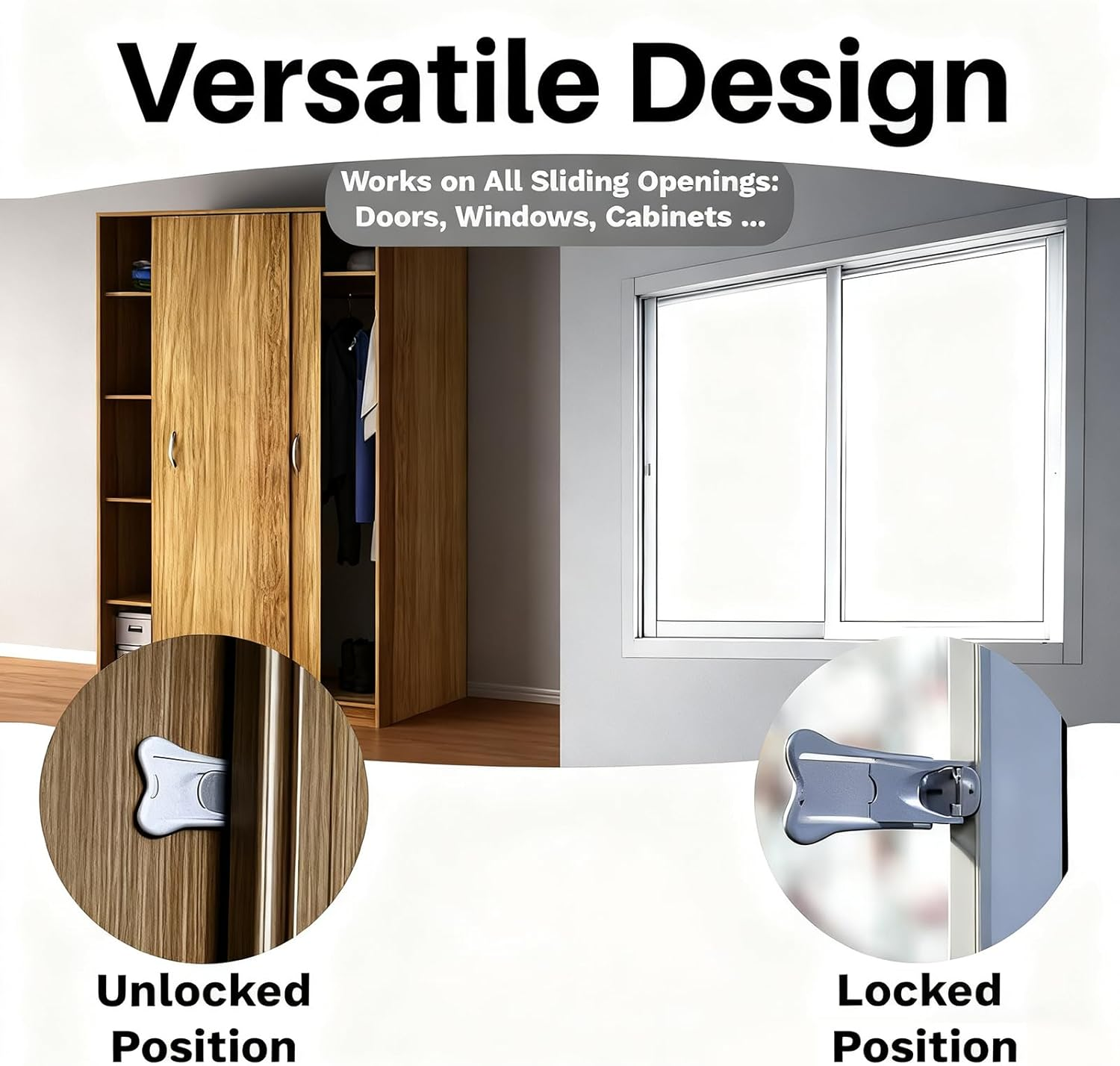 4 Pcs Sliding Door Lock, Child Safety Locks for Sliding Doors, No Drill Installation, Child Proof Cupboard Locks for Kitchen, Bathroom, Laundry, White