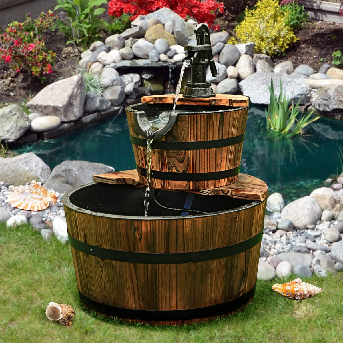 Costway 2 Tier Barrel Waterfall Fountain Barrel Wooden Water Fountain Pump Garden Patio image number 2