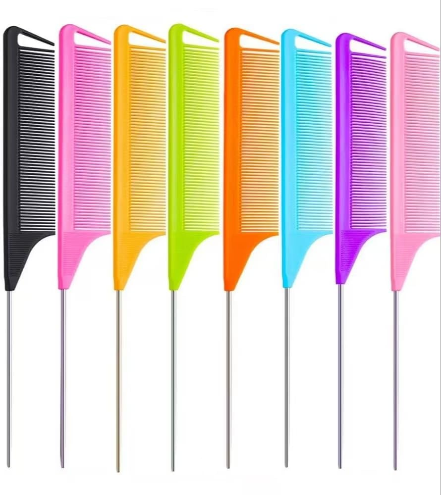 Rat Tail Parting Fine Tooth Comb, 8Pcs Metal Rat Tail Fine Tooth Parting Combs with Stainless Steel Pintail,Stainless Steel Pintail and Heat Resistant Carbon Fiber Teasing Parting Hair Comb for Women image number 5