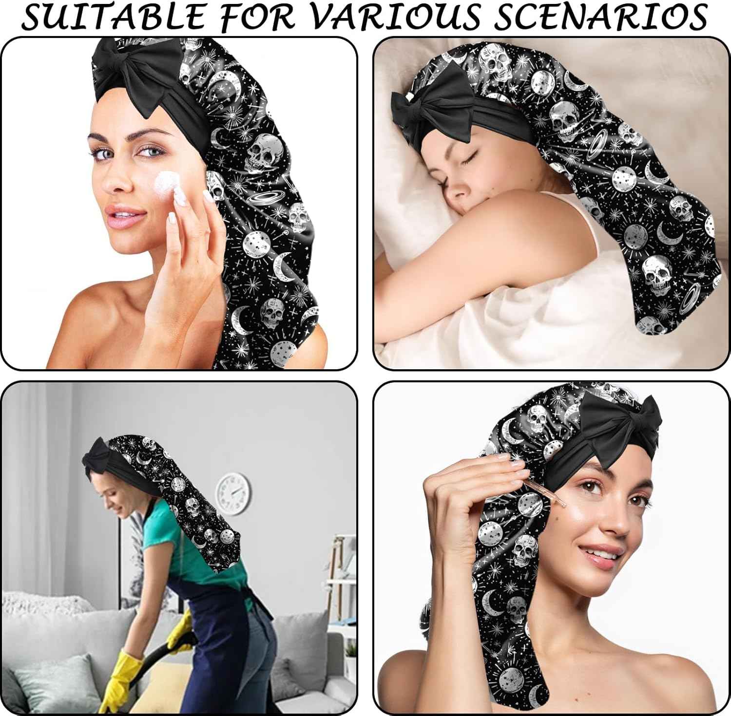 BHAHB Silk Feeling Long Satin Bonnet for Sleeping Adjustable Double Layer Elastic Reusable Long Hair Caps Cute Women Girls - A1-Flowers image number 5