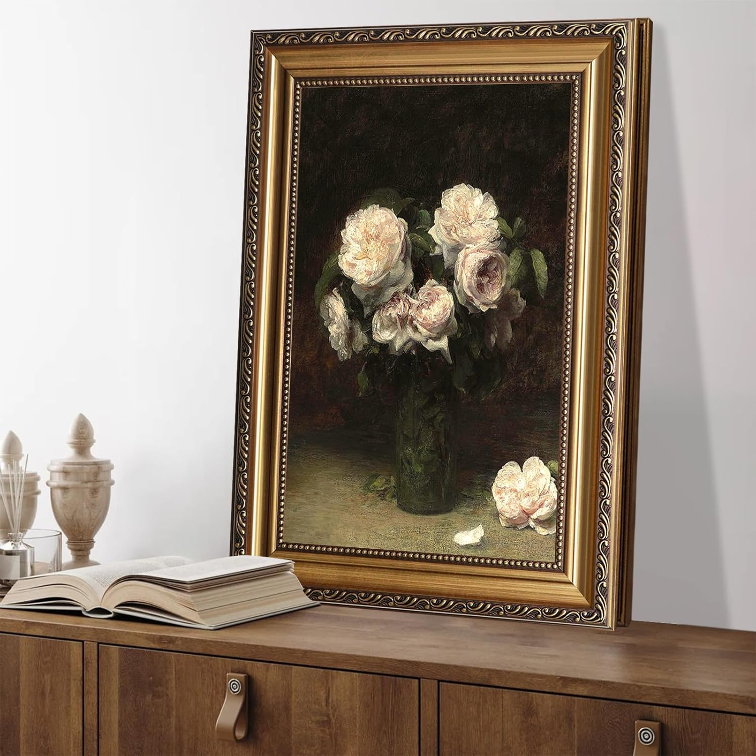 ASTRDECOR Vintage Floral Wall Art, Gold Framed Canvas Wall Art Moody Dark Roses Painting, Vintage Flower Art Print for Kitchen Bedroom Bathroom Wall Decor, French Country Decor - 16" X 24" image number 3
