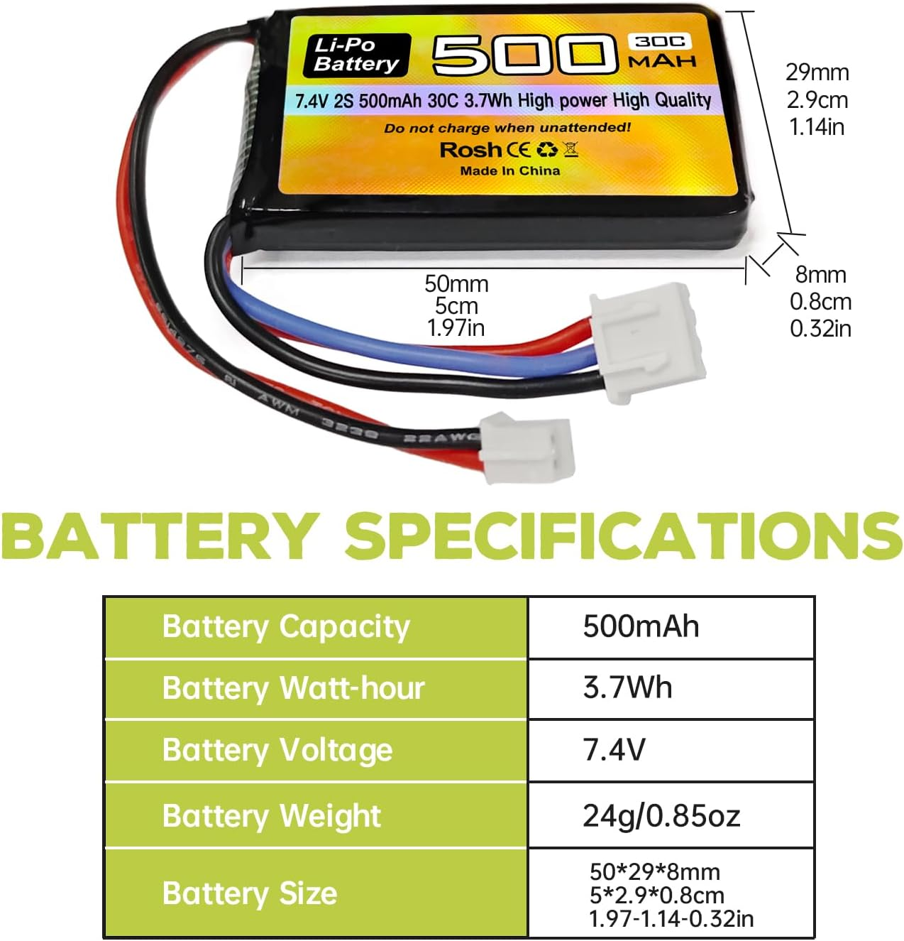 2PCS 7.4V 500Mah 30C Lipo RC Vehicle Battery with PH2.0 Plug and 2In1 Charger for AX24 SCX24 RC Vehicle Model Battery Compatible with Most 1/10, 1/16, 1/18, 1/24 RC Vehicles and Trucks image number 1