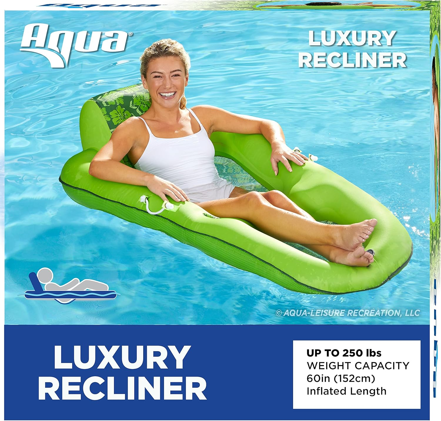 Aqua Leisure Luxury Water Lounge, X-Large, Inflatable Pool Float with Headrest, Backrest & Footrest, Lime Floral Trip Print, (L X W): 63 X 36