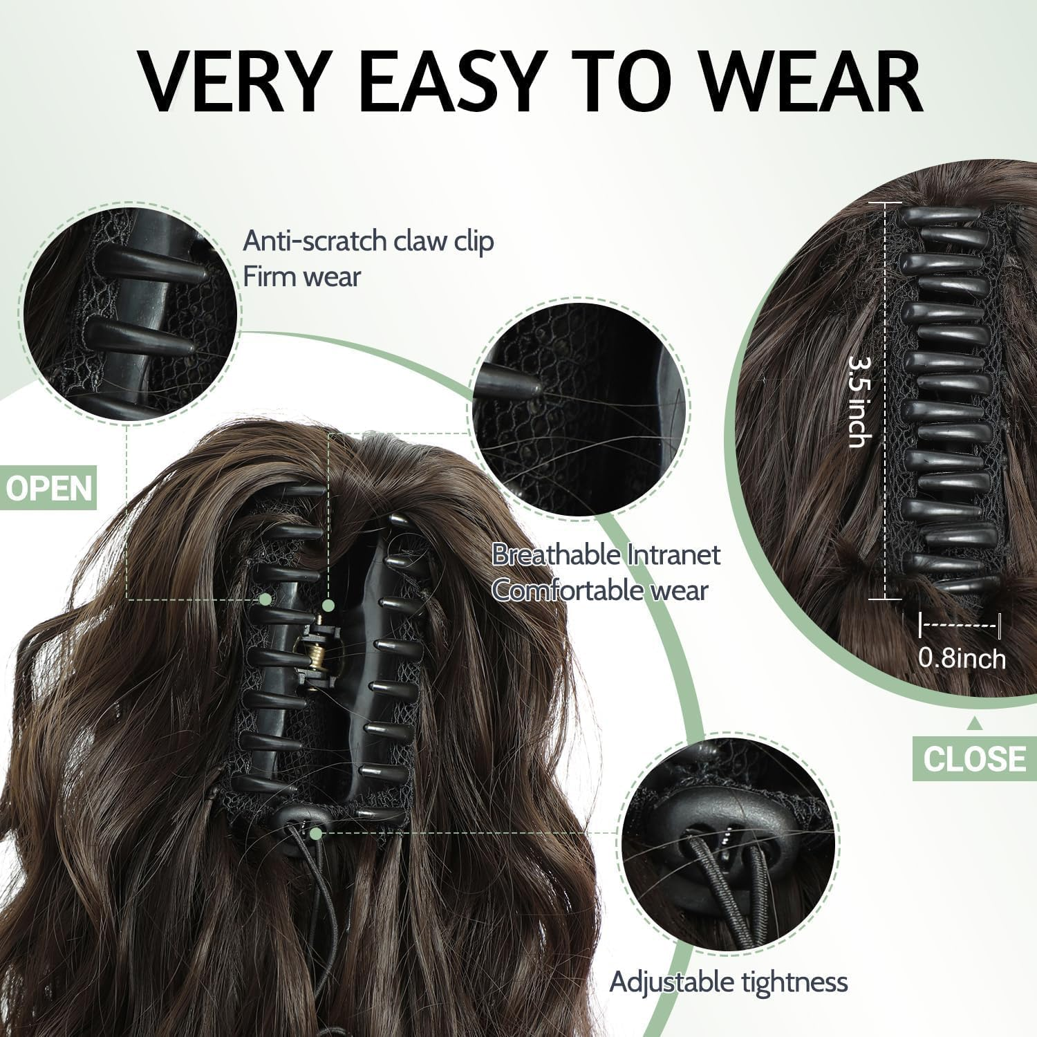 Fine plus Claw Clip Ponytail Extension, 45 Cm Long Curly Ponytail Extension Brown Synthetic Wavy Extensions Clip in Ponytail Hairpieces for Women image number 2