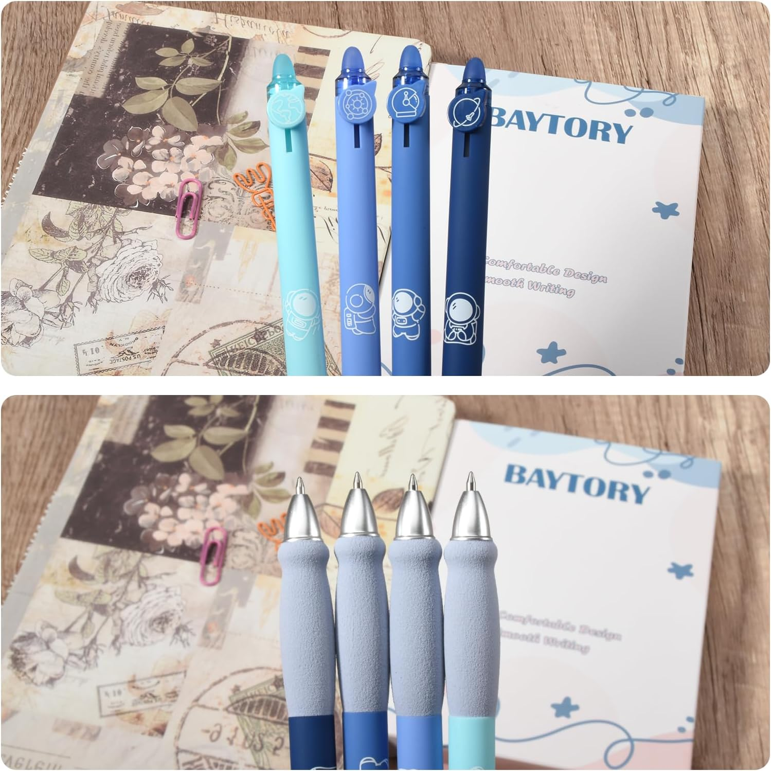 BAYTORY 8Pcs Cute Retractable Erasable Gel Pens, Blue and Black Ink Pen with Eraser Clear, Smooth Writing Comfortable to Use for Note Taking Marking Planner Crossword Puzzles (Blue) - Green image number 4