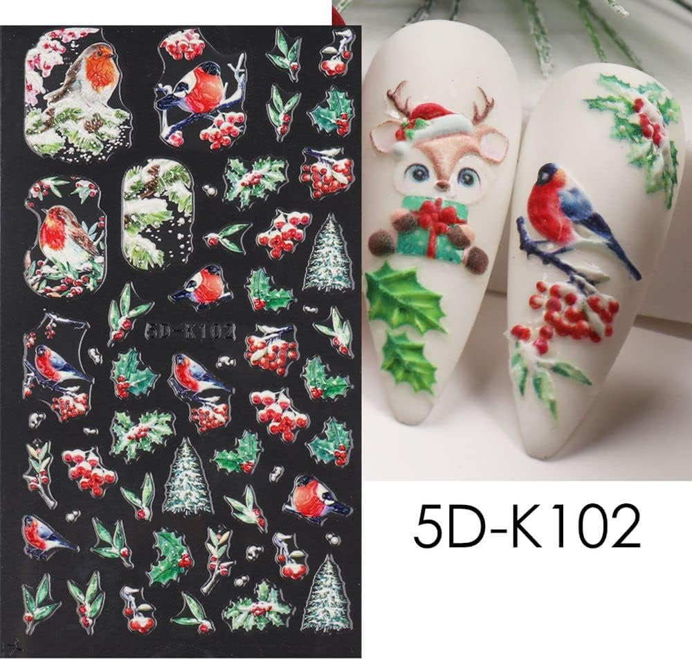 3D Embossed Christmas Nail Art Stickers Decals 4 Sheets 5D Self-Adhesive Pegatinas U&ntilde;as Holiday Red Snowflakes Snowman Nail Supplies Nail Art Design Decoration Accessories - Flower image number 7