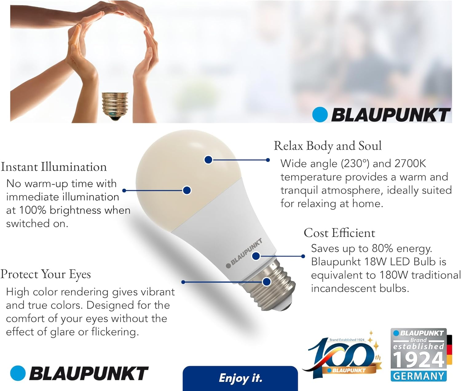 Blaupunkt LED Bulb Classic A65 LED Lamp, E27 Base Screw, 18W, Replaces 180W Incandescent, Warm White 2700K, Yellow Light, Non-Dimmable, 1980 Lumen, Light Bulb, Room Lighting, 1 Piece (Pack of 1) image number 2
