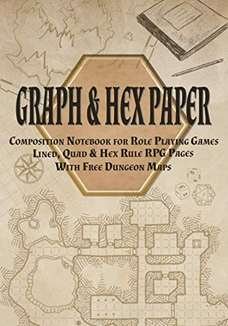 Graph & Hex Paper Composition Notebook for Role Playing Games: Lined, Quad & Hex Rule RPG Pages with Free Dungeon Maps image number 1