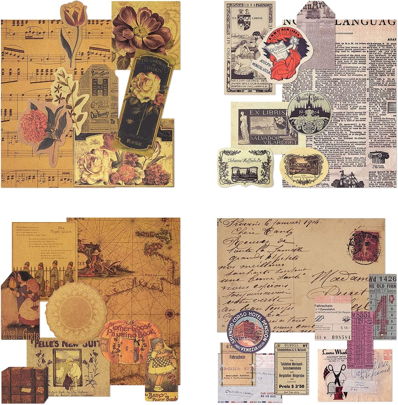 4 Packs Vintage Pattern Paper Set Scrapbook Paper Decorative Paper Kraft Paper with Print Single-Sided in Various Sizes and Shapes for Card Making Paper Craft Die Cutting Collage (Artistic)