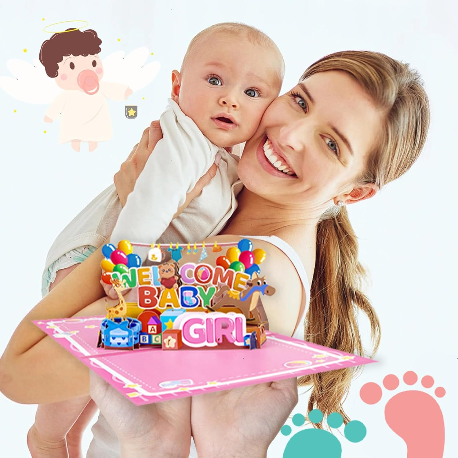 New Baby Girl Card - "Welcome Baby Girl" 3D Pop-Up Shower Card with Gifts & Animals, Pink Gender Reveal Greeting Card for Newborn - Includes Blessing Tag & Envelope (7.87"X5.91") image number 5
