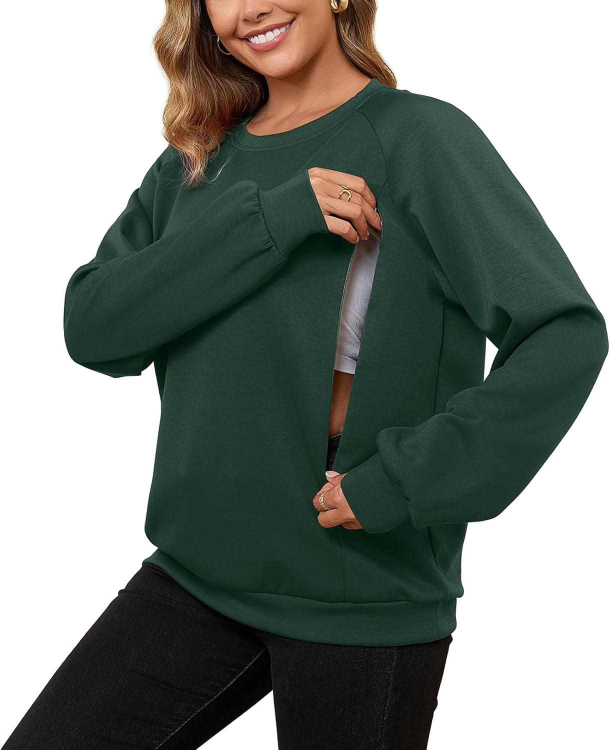 DEBELLY Nursing Friendly Sweatshirt for Breastfeeding Women Dual Zippers Nursing Top Long Sleeve Crew Neck Casual Wear image number 3