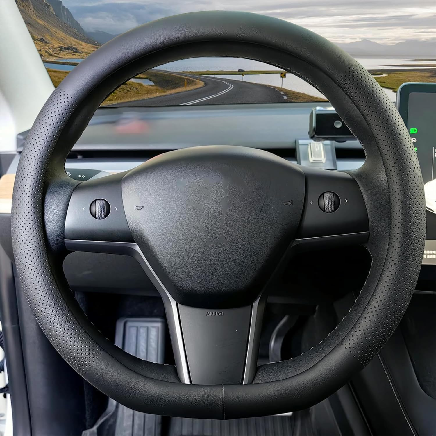 Nappa Leather Steering Wheel Cover for Tesla Model Y Juniper 2025 2026, Non-Slip Breathable Thin Comfortable Steering Wheel Protector for Model 3 Highland 2025 2024 (Black) image number 1