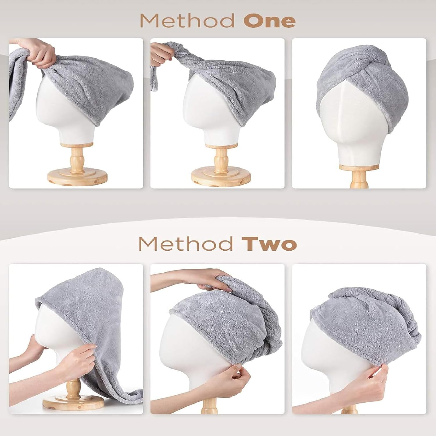 Microfiber Hair Towel, Turban 3 Pcs Hair Turbans for Wet Hair,Hair Drying Towel with Button,Head Towel to Dry Hair Quickly Drying Hair Wrap Towels for Girls with All Hairstyles (Blue,Grey,Pink) image number 5