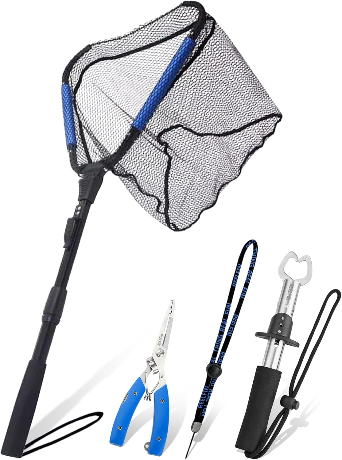 Reelfin 3-In-1 Folding Landing Net Set &ndash; 90Cm Deep Net, Fish Gripper & Lure Pliers, Portable Fishing Kit for Freshwater & Saltwater