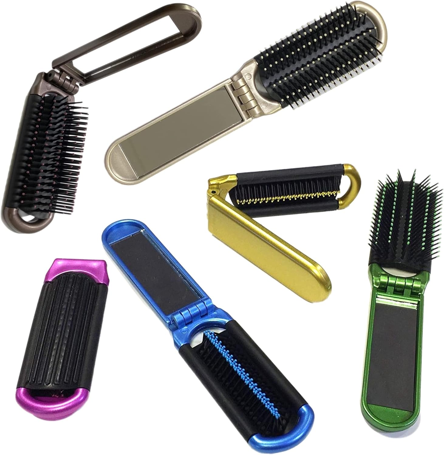 ALAZCO 2 Assorted Colors Folding Hair Brush with Mirror Compact Pocket Size Travel Car Gym Bag Purse Locker Swimming Camping Sleepover Gift and More