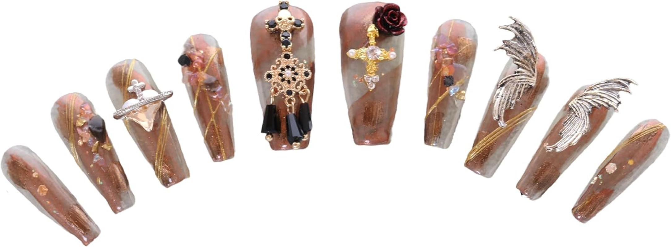 PN-023 Press-On Nails Varnished Pack of 10 Reusable Artificial Premium Nails Desert Rose Wings Transparent Brown image number 6