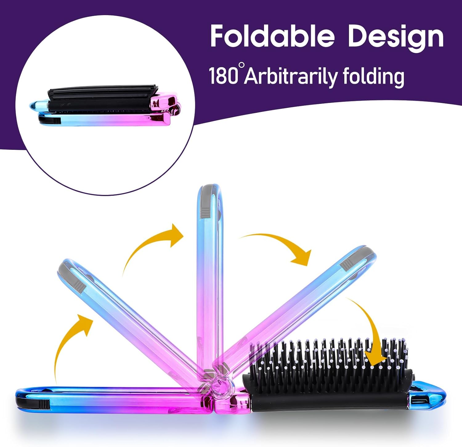 Travel Hair Brush with Mirror, Pack of 2, Foldable Wet Hair Brush, Hair Massage Comb in Travel Size, Compact Hair Brush for Women and Men, Hair Styling Tools (Pink & Blue)