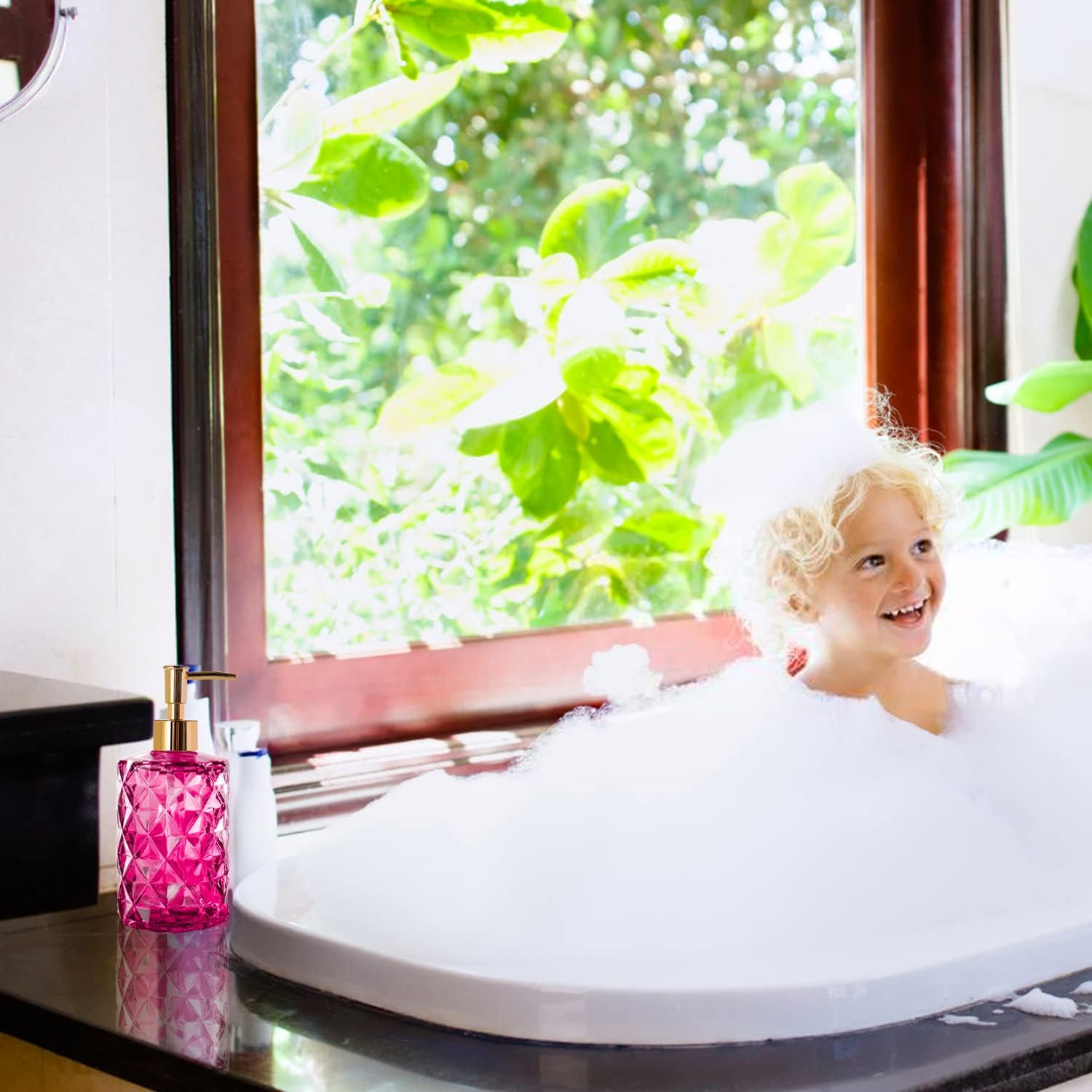 Glass Soap Dispenser,Crystal Refillable Wash Hand Liquid Clear Glass Bottle with Pump for Essential Oils, Lotions, Liquid Soaps,Dish Detergent(12 OZ Rose) - Blue,Transparent image number 4