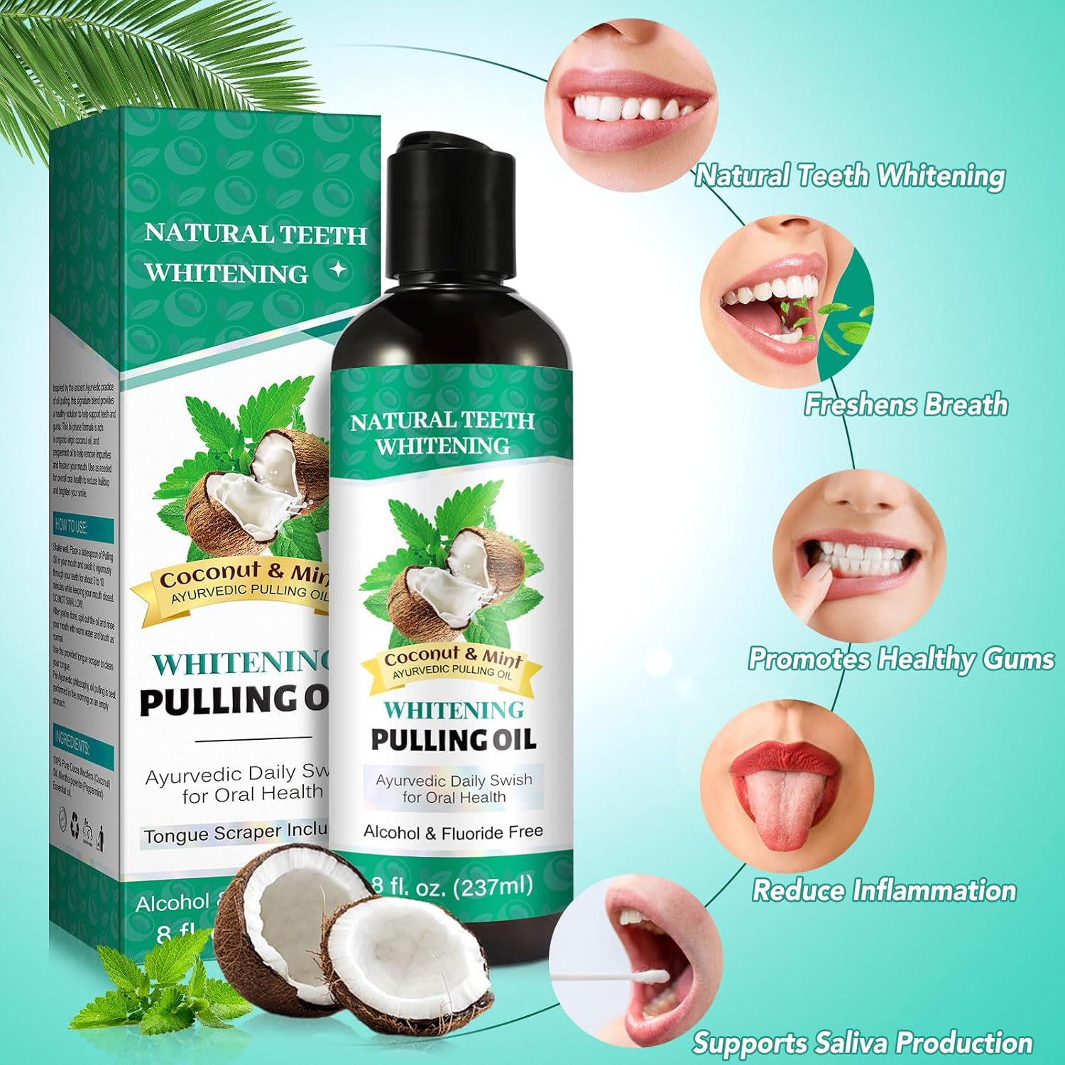 Oil Pulling 8 Fl.Oz,Mint Oil Pulling Mouthwash with Tongue Scraper, Natural Pulling Oil with Coconut & Peppermint Oil-Supports Healthy Gums & Fresh Breath image number 3