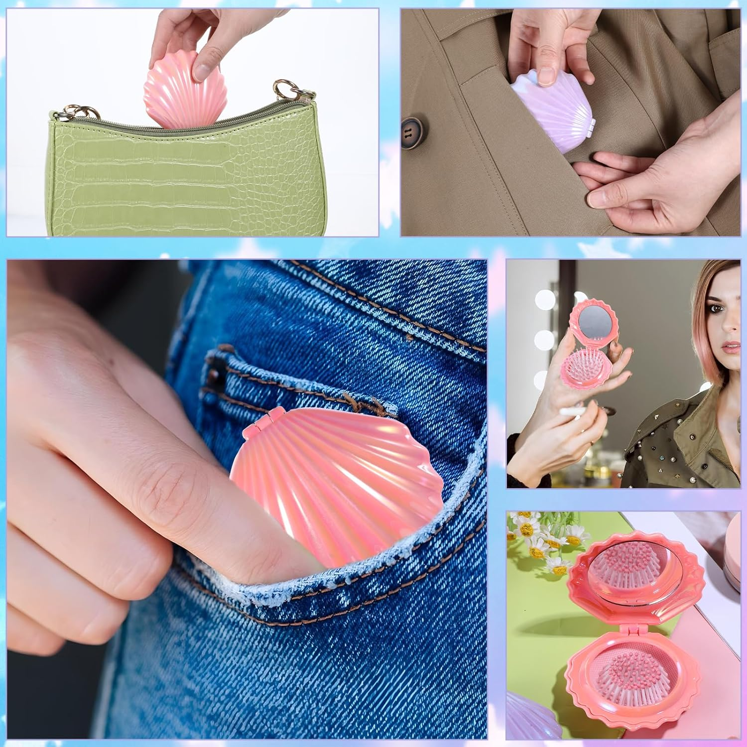 Metallic Shinning Finish Foldable Travel Hair Brush, 2 Pcs Mini Hair Brush with Mirror Shell Shape Portable Hair Brush Pocket Brush Compact Brush Mini Massage Comb Travel Brushes for Hair Women Men image number 6