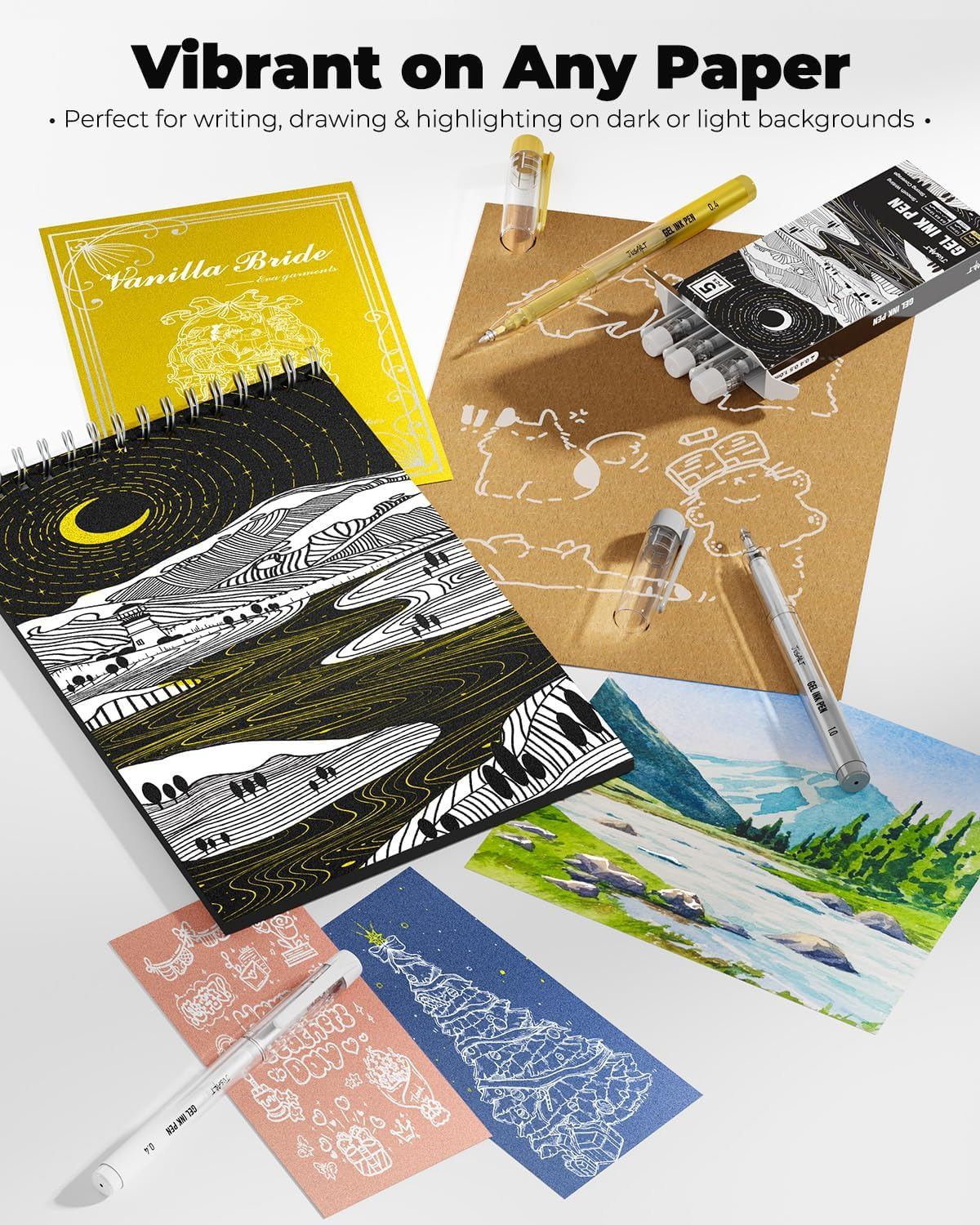 Jusart White Gel Pens with 0.4Mm, 0.5Mm & 1.0Mm Assorted Tips, Opaque White Ink Pens for Black Paper, Drawing, Journaling & DIY Crafts, Ideal Drawing Pens for Artists & Art Supplies, 5 Pack