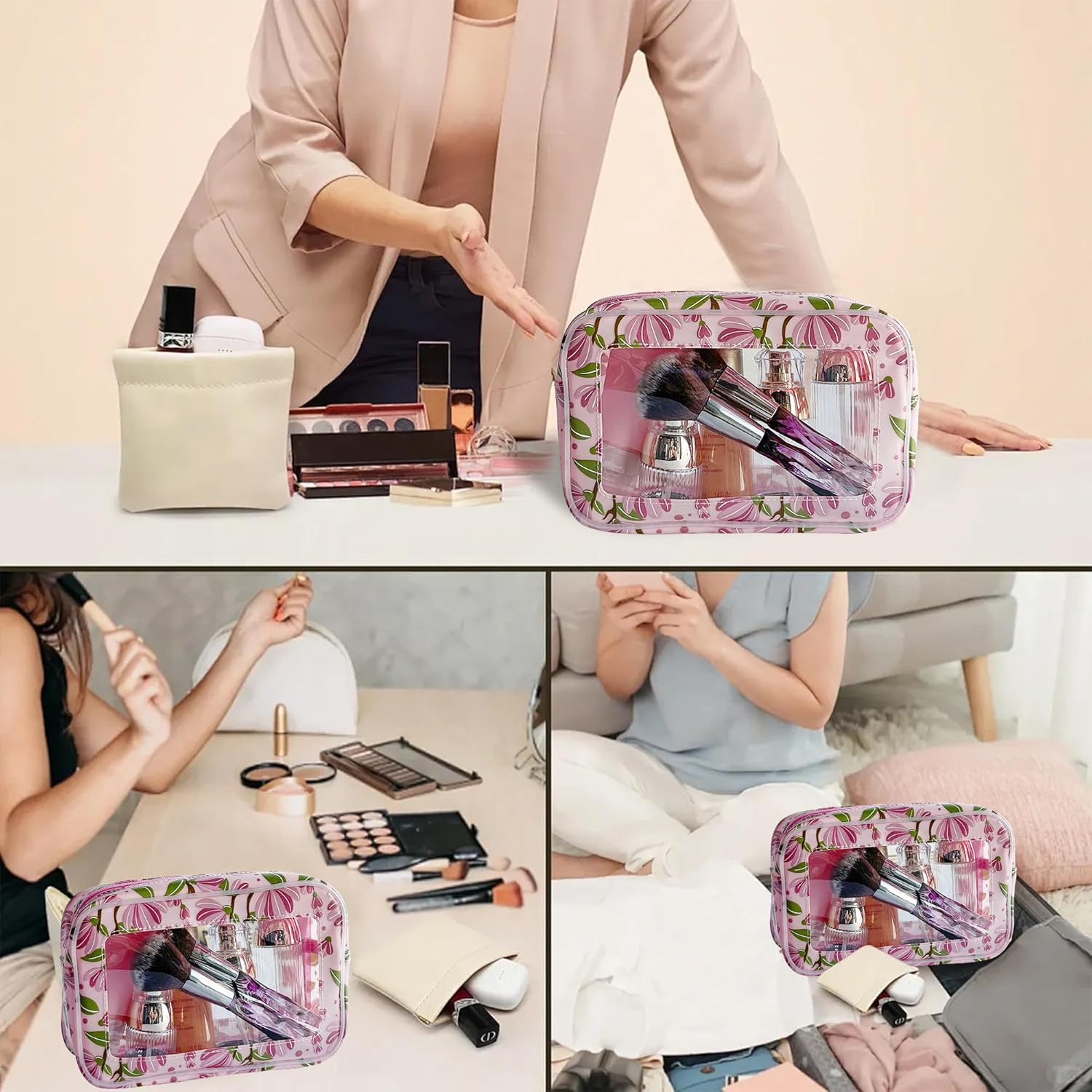 Transparent Waterproof Cosmetic Bag Made of PVC with Floral Pattern, 21 X 13.5 X 7 Cm, Travel Organiser for Day Care, Men and Women, Pink + Flowers, Modern image number 3