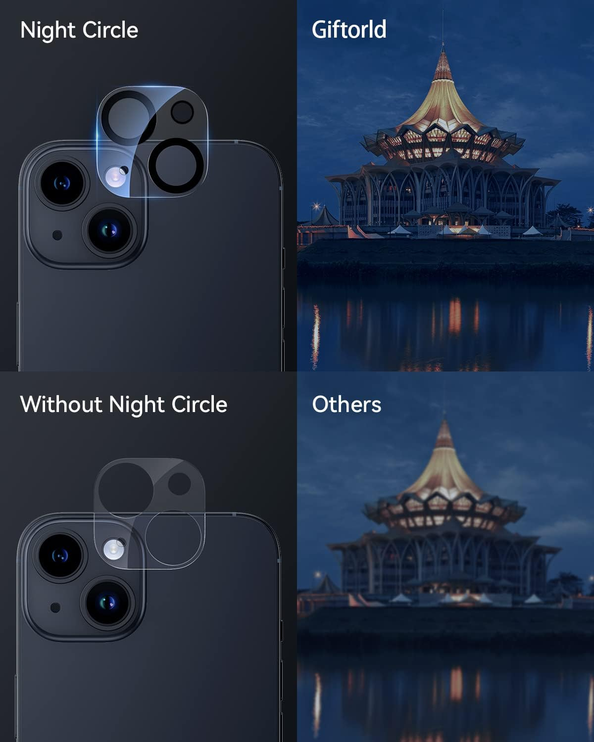 Giftorld [3 Pack Camera Lens Protector for Iphone 15/15 Plus,9H Tempered Glass,Anti-Scratch,Case Friendly,Night Circle,No-Bubble HD Clarity,Full Cover image number 3