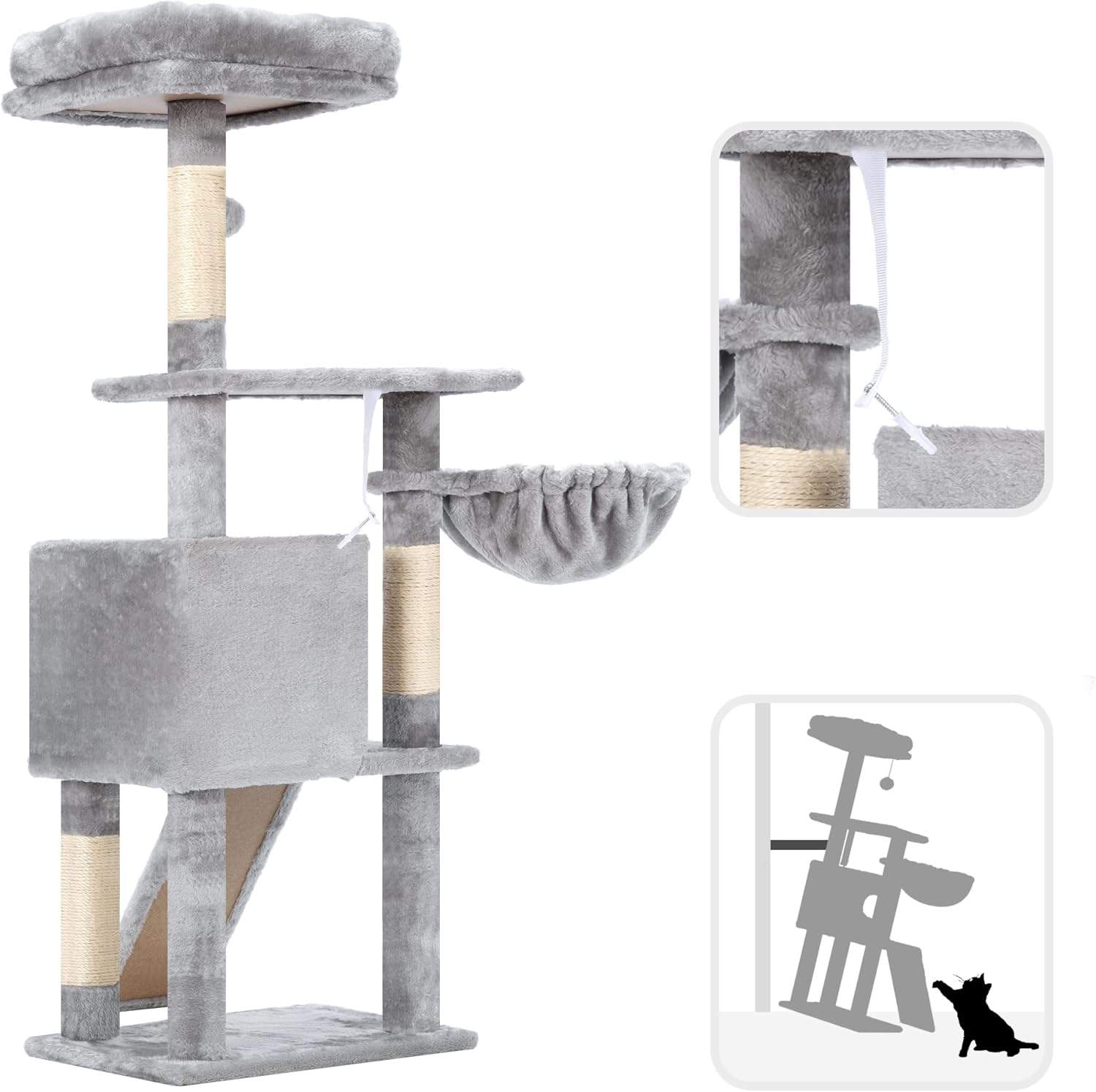 Hey-Brother Cat Tree, 42.5-Inches Cat Tower for Indoor Cats, Plush Multi-Level Kitten Cat Condo with Scratching Post,Ramp, Basket, Spacious Cat Cave, Hanging Ball, Light Gray MPJ007SW image number 6
