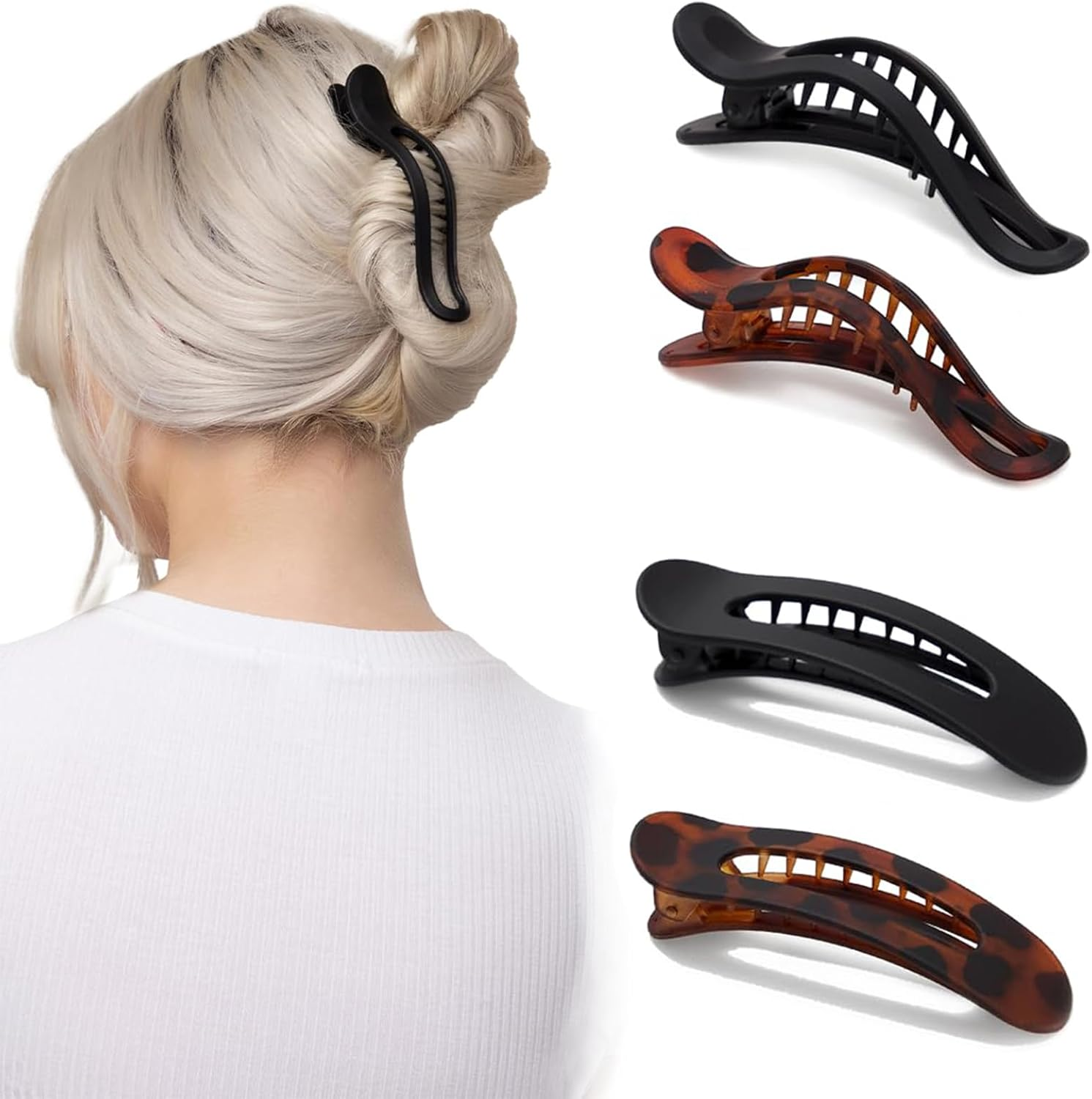 Flat Hair Clip, Set of 4 French Hair Clips in 2 Styles, Strong Hold, Non-Slip Hair Clip, Flat for Women, Thin Hair, Thick Hair for Creating Hairstyles (Black Amber) image number 2